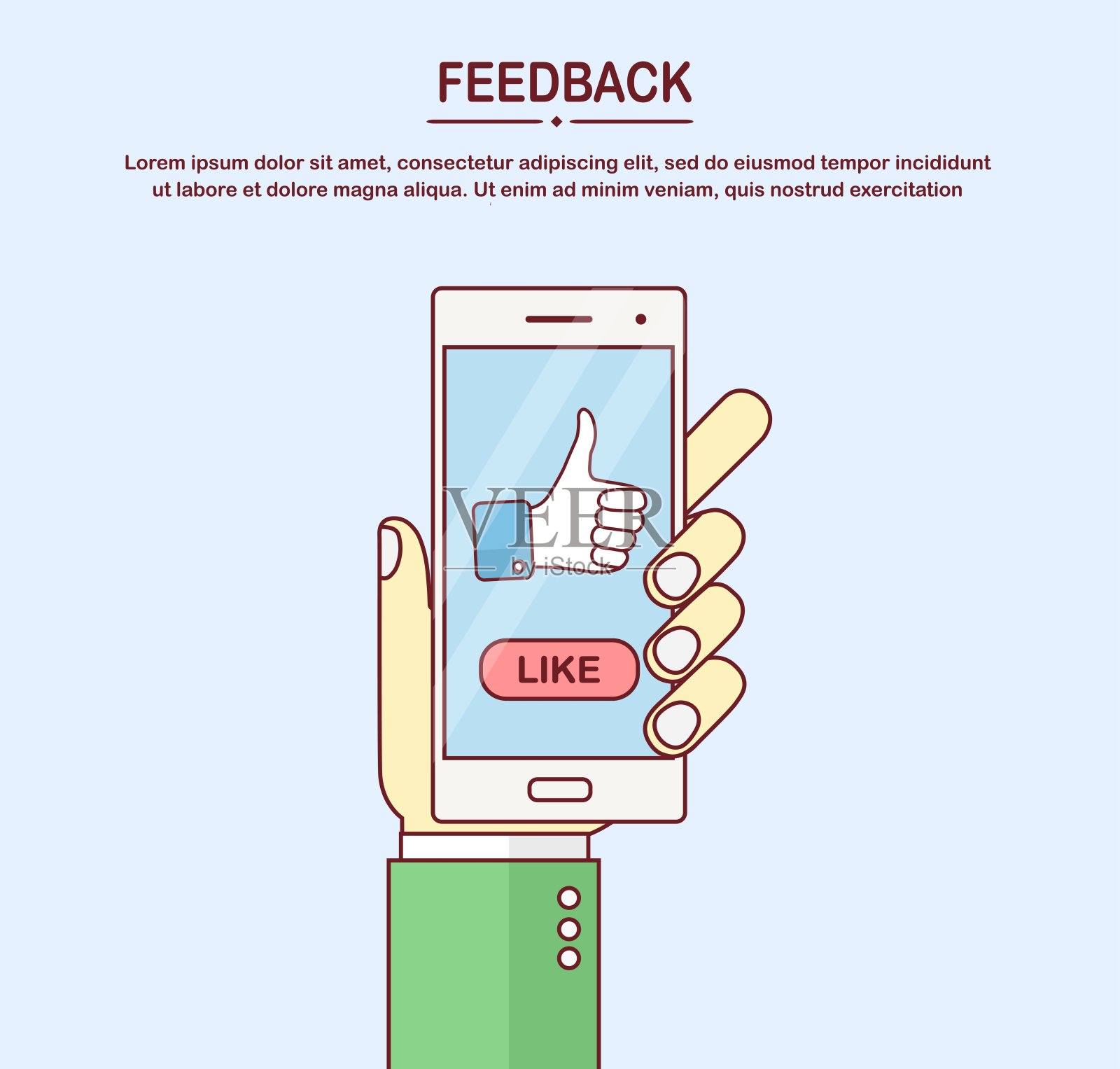 人的手拿着手机，竖起大拇指。社交媒体赞，客户反馈，优秀评论，投票。矢量图插画图片素材