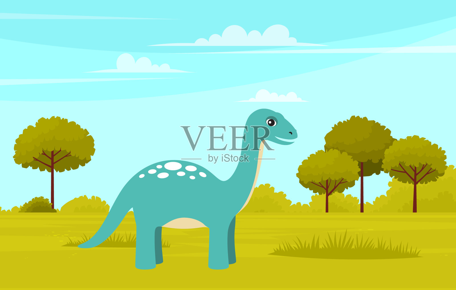 黄色可爱的卡通人物小龙。有趣的古代动物在绿色草地平面矢量图标插画图片素材