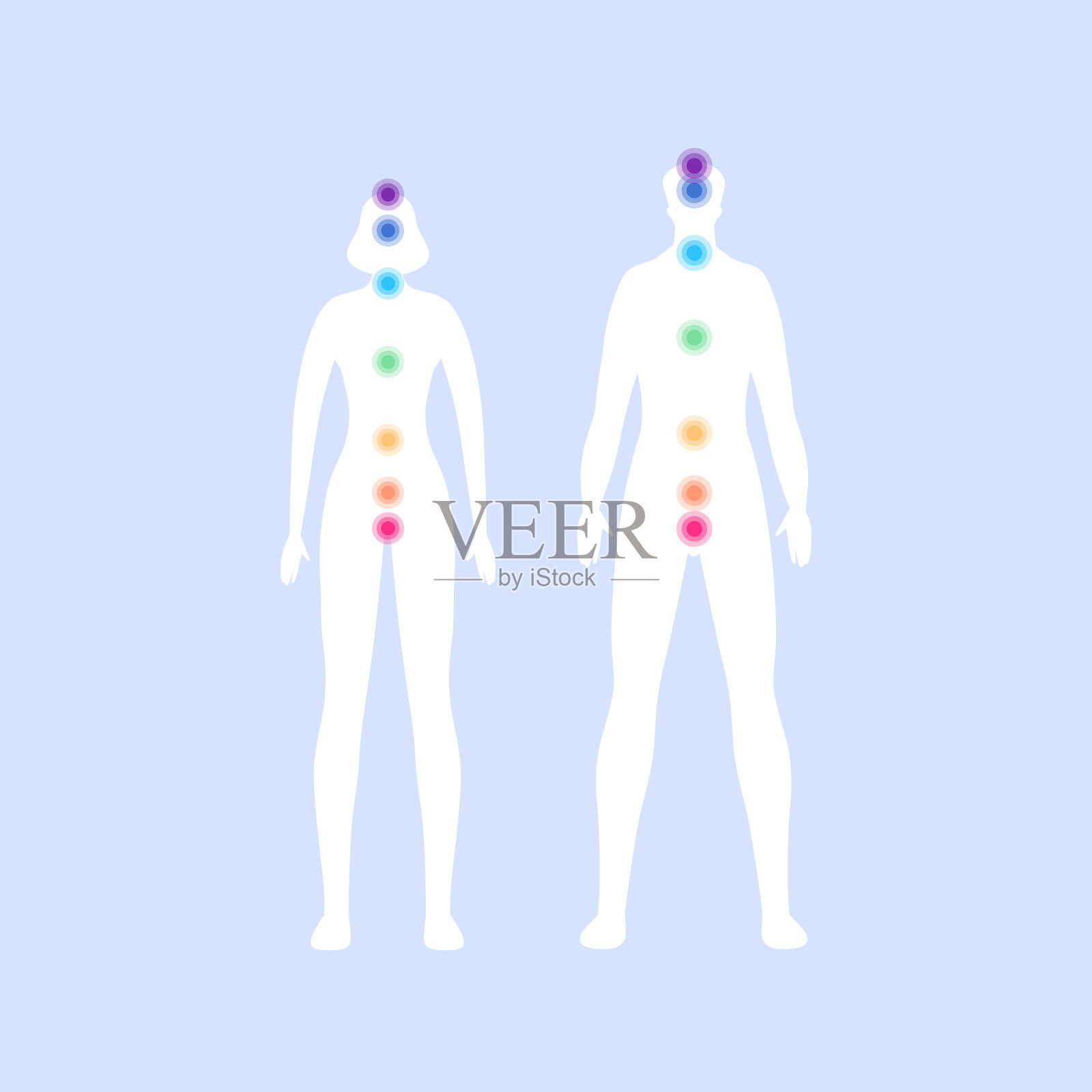 精神觉醒和健康的概念。矢量平面人插图集。男性和女性站立剪影与多彩的脉轮方案。设计元素。插画图片素材