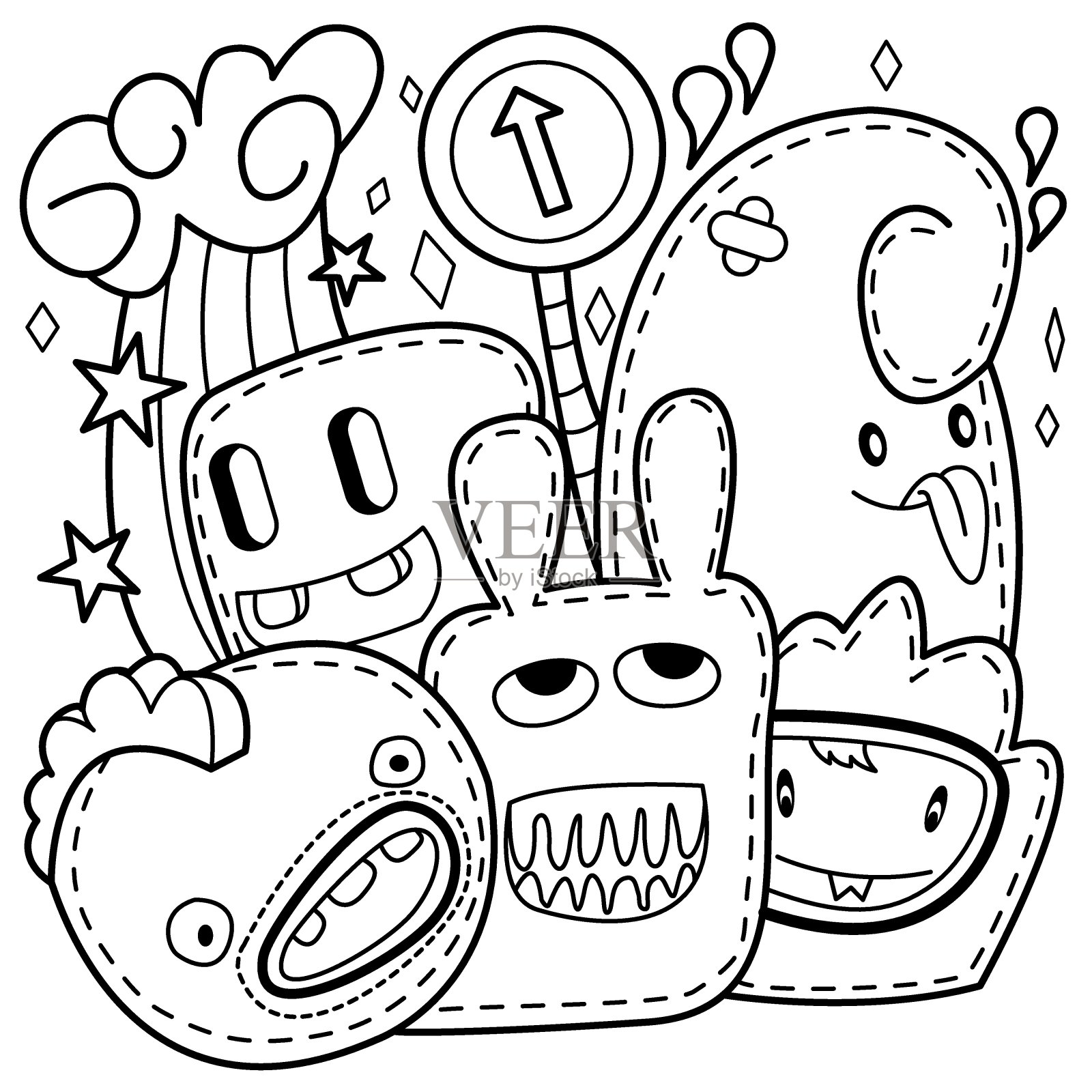 一组卡通黑白怪物组插画图片素材