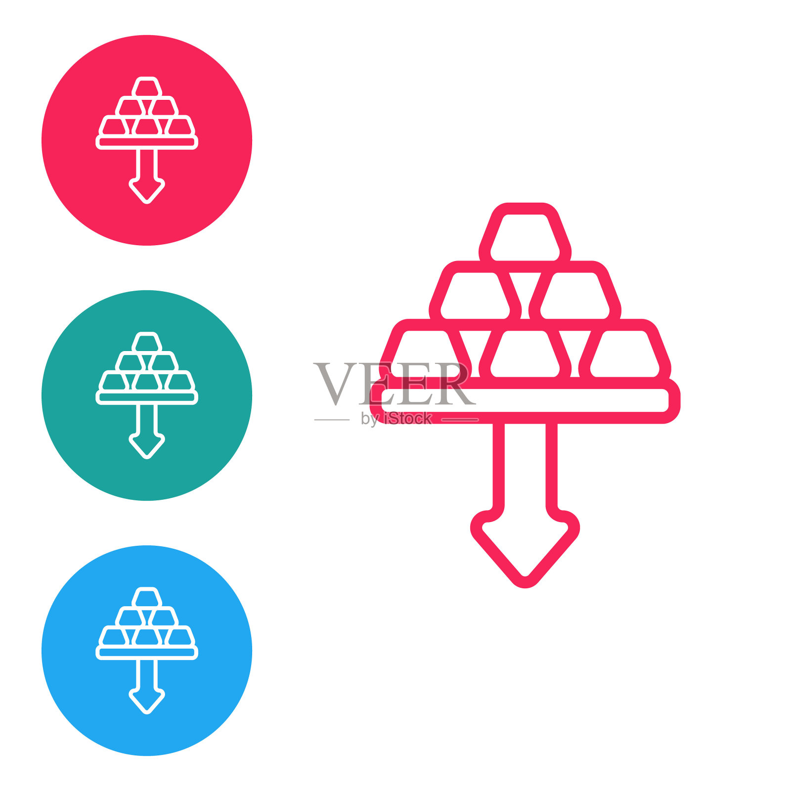 红色线金色条图标孤立在白色背景上。贵金属下跌。银行业务的概念。在圆形按钮中设置图标。向量图标素材