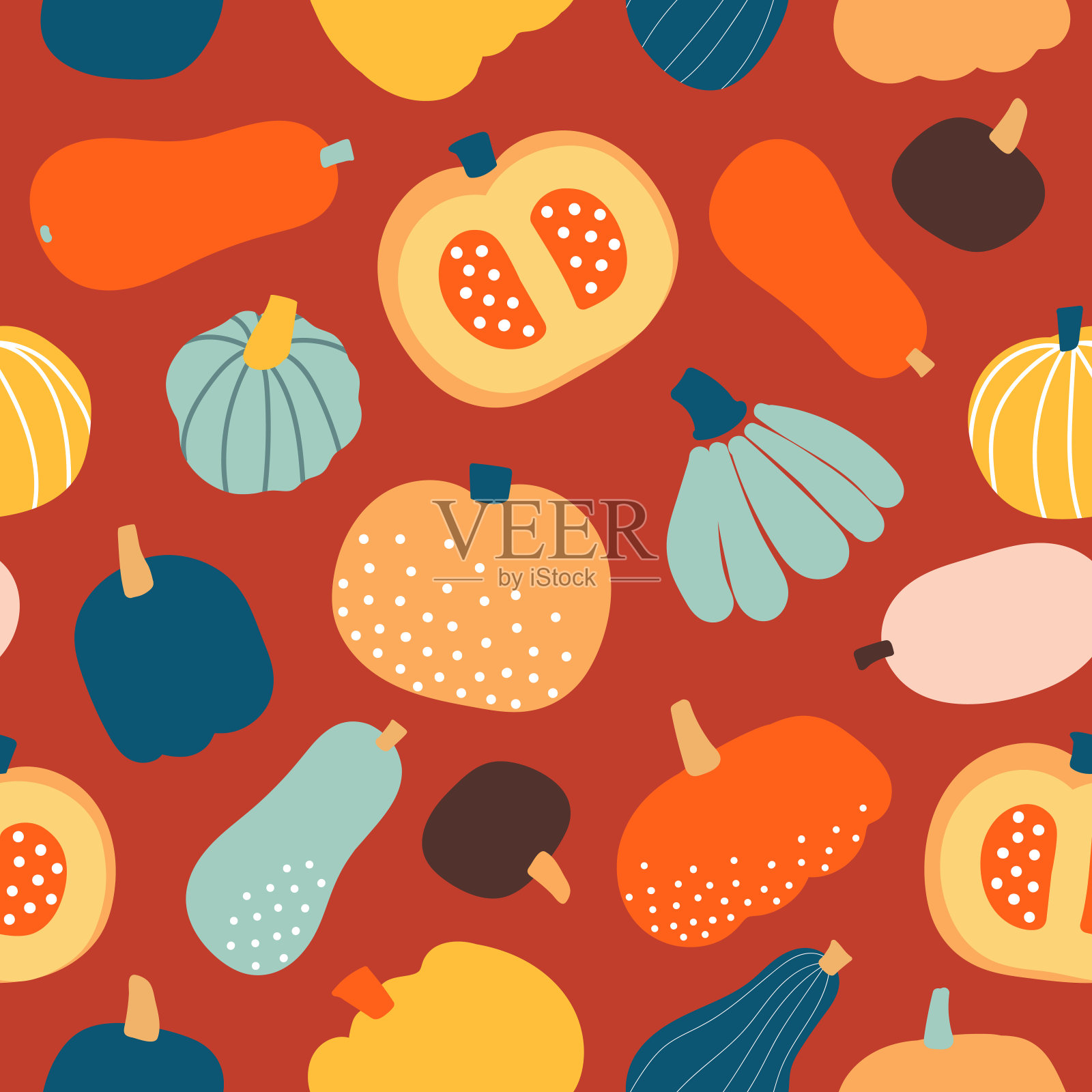 秋天无缝的图案与橙色，蓝色和黄色的南瓜在橙色的背景。矢量纹理。插画图片素材