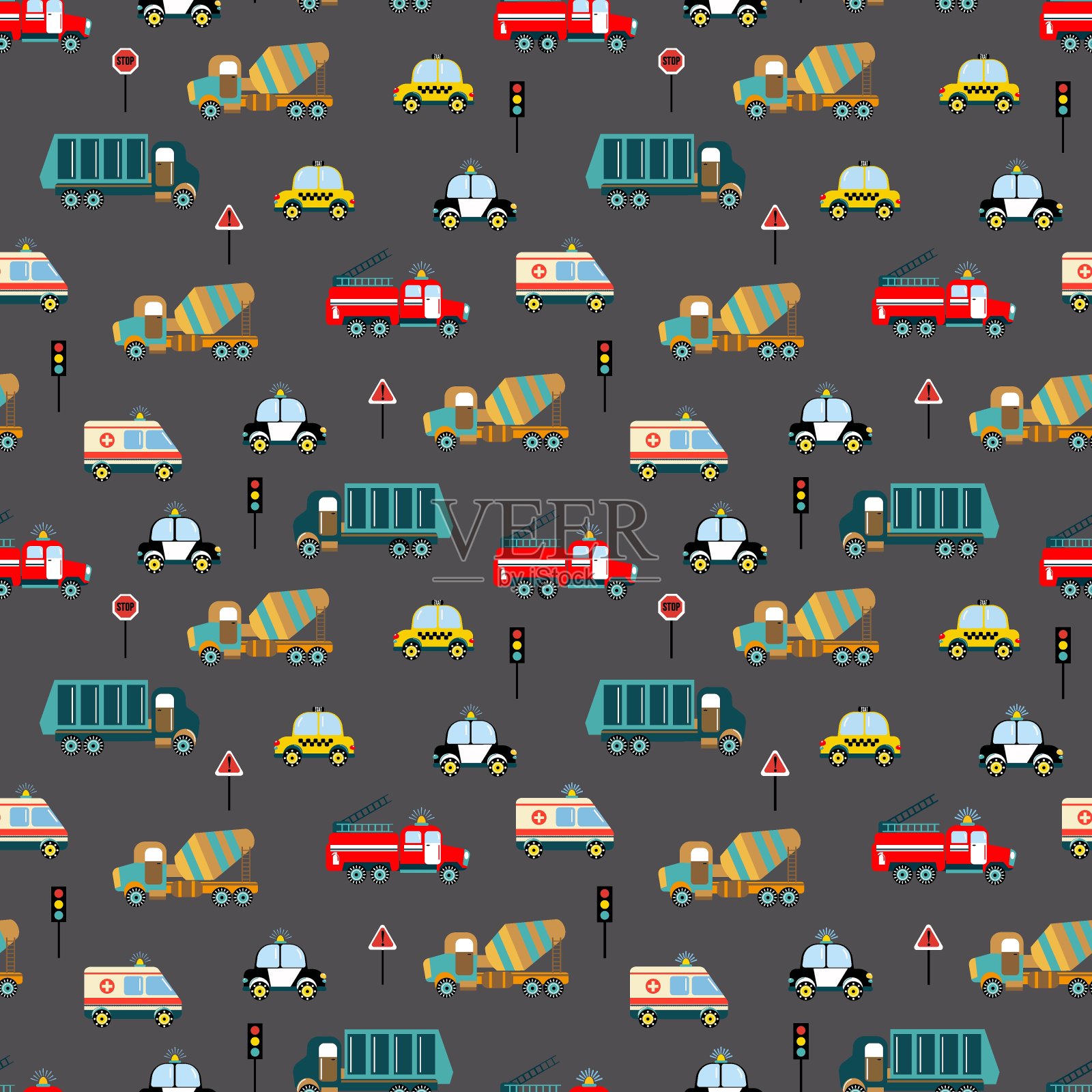 无缝模式与公路汽车。警察，消防部门，救护车，出租车，垃圾车，混凝土搅拌机。插画图片素材