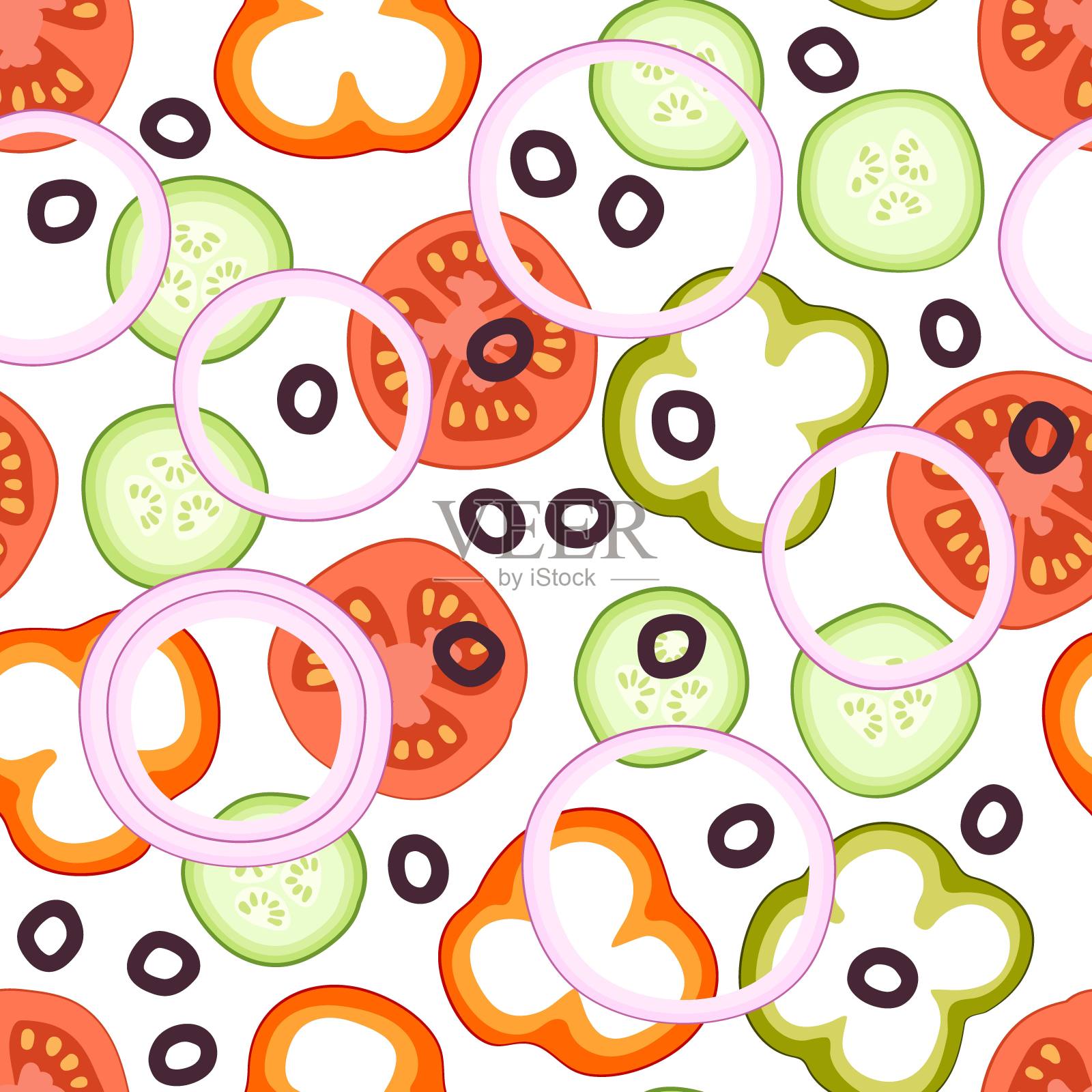 沙拉配料无缝模式。蔬菜是健康的食物。素食主义，维生素，健康营养，饮食。蔬菜、草药。用于包装纸，纺织品和其他食品设计。插画图片素材