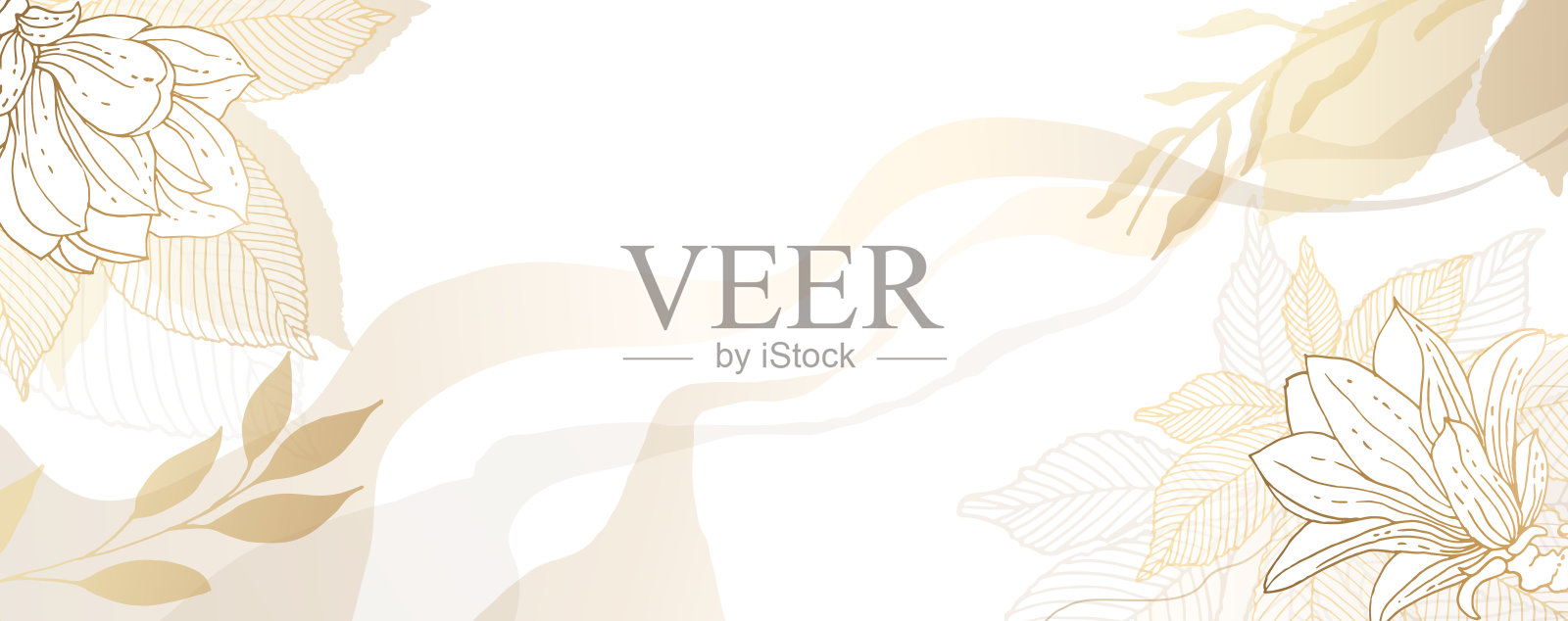 奢华的金色的壁纸。白色的背景和漂亮的条纹和斑点。玉兰的叶子和花呈金黄色，质地光亮。现代艺术壁画墙纸。矢量插图。插画图片素材