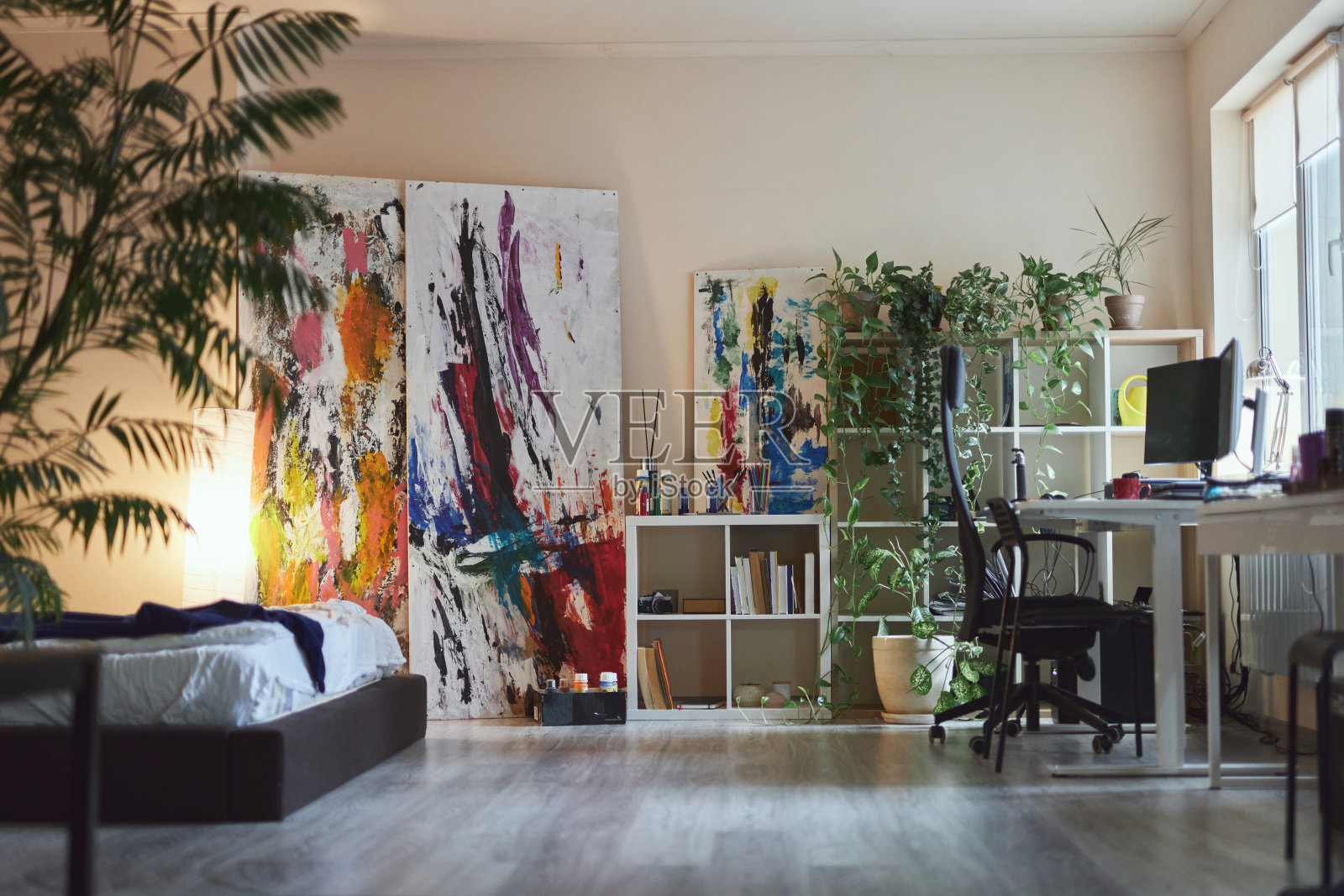 现代风格的客厅内饰有抽象艺术绘画，书架，家用植物，书桌和床照片摄影图片