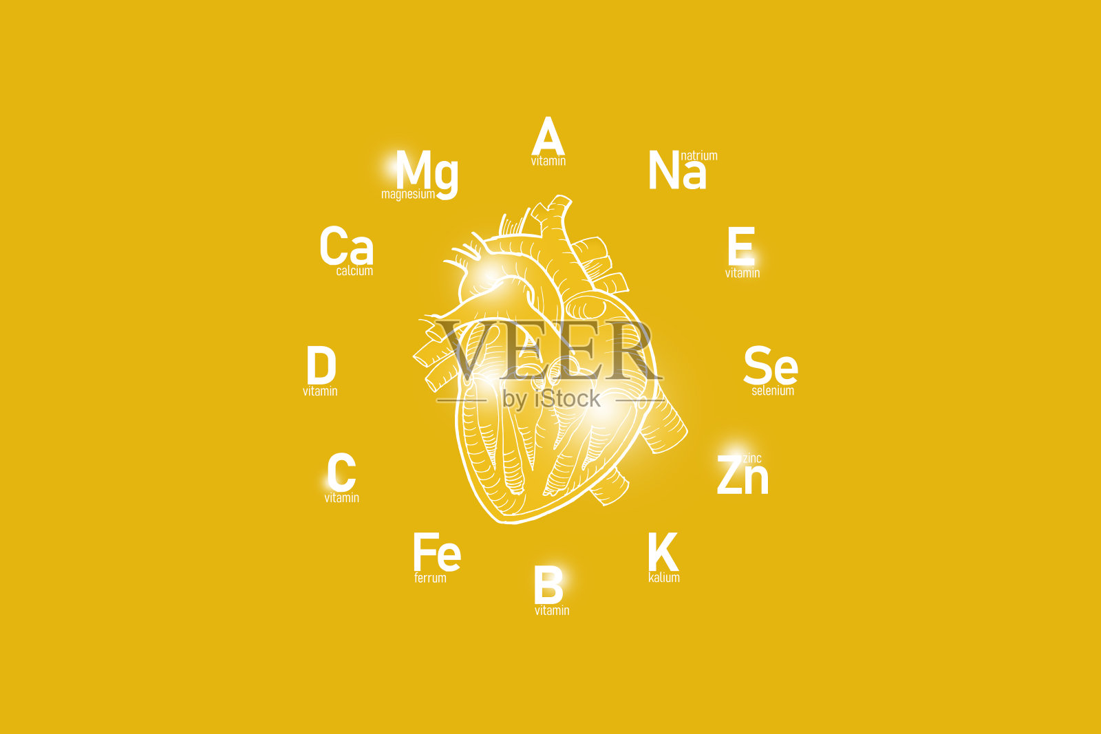 在正黄色背景上的人类心脏手绘插图。插画图片素材