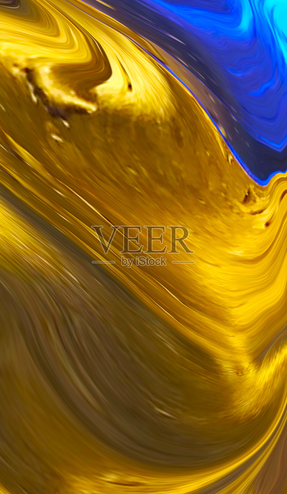 明亮的流体蓝色和金色背景。抽象的液体金色和水波。艺术迷幻的数字背景。弯曲的形状插图。充满活力的旗帜。模板。豪华质感。垂直创造性的传单照片摄影图片