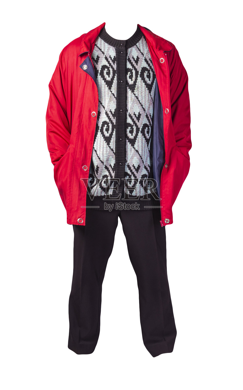 女式长裤，秋季大衣和针织毛衣孤立在一个白色的背景。照片摄影图片