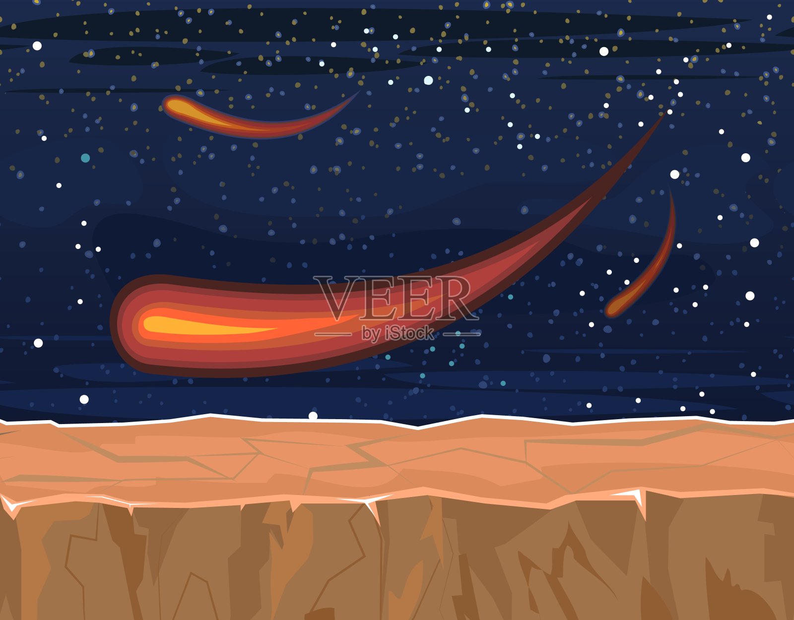 宇宙背景。平台。星空的风景。一个明亮的彗星。平的风格。卡通设计。向量插画图片素材