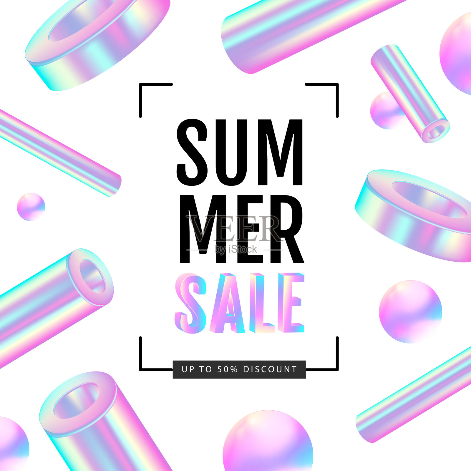 大型夏季销售海报与3D抽象全息几何形状。矢量图设计模板素材