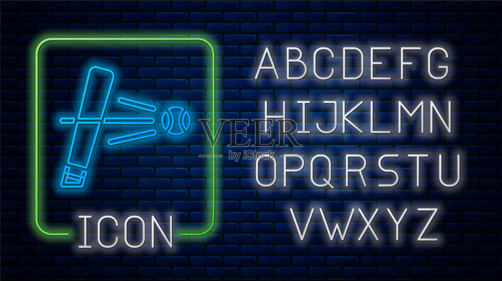 发光的霓虹灯棒球棒与球图标孤立插画图片素材