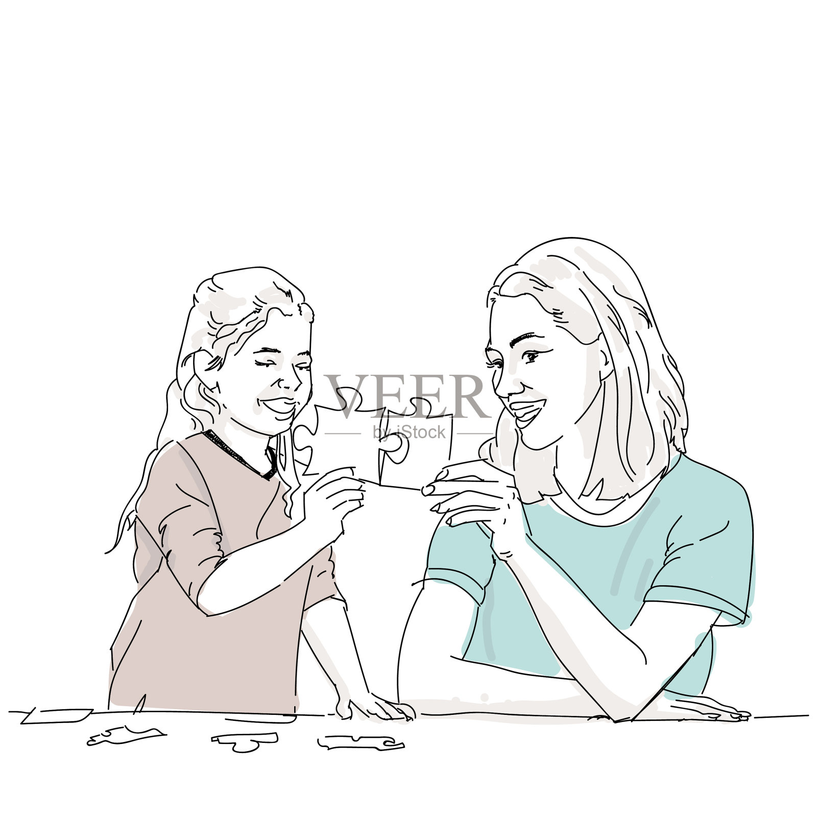 妈妈和女儿在玩拼图游戏设计元素图片