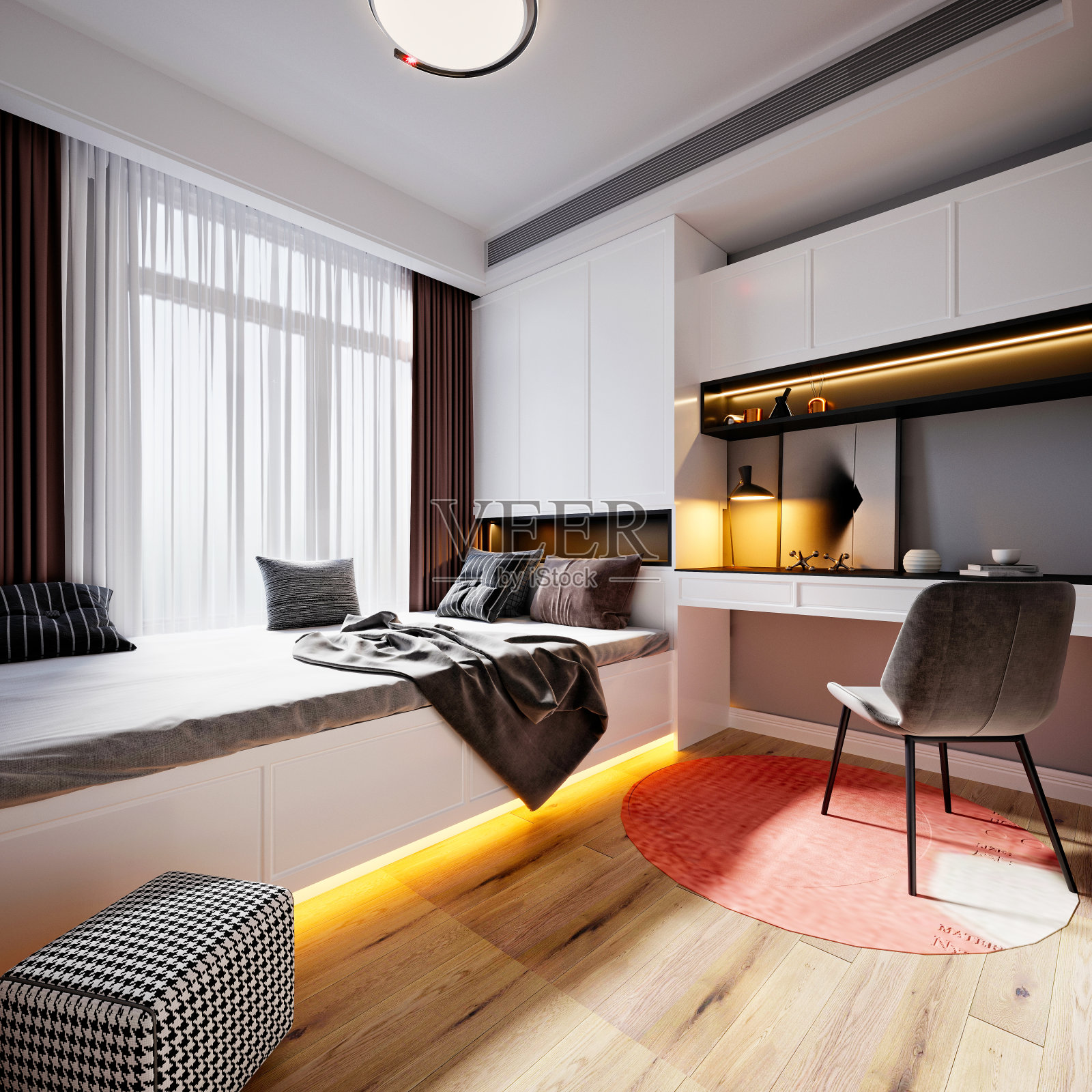 豪华酒店房间，卧室的3d渲染照片摄影图片