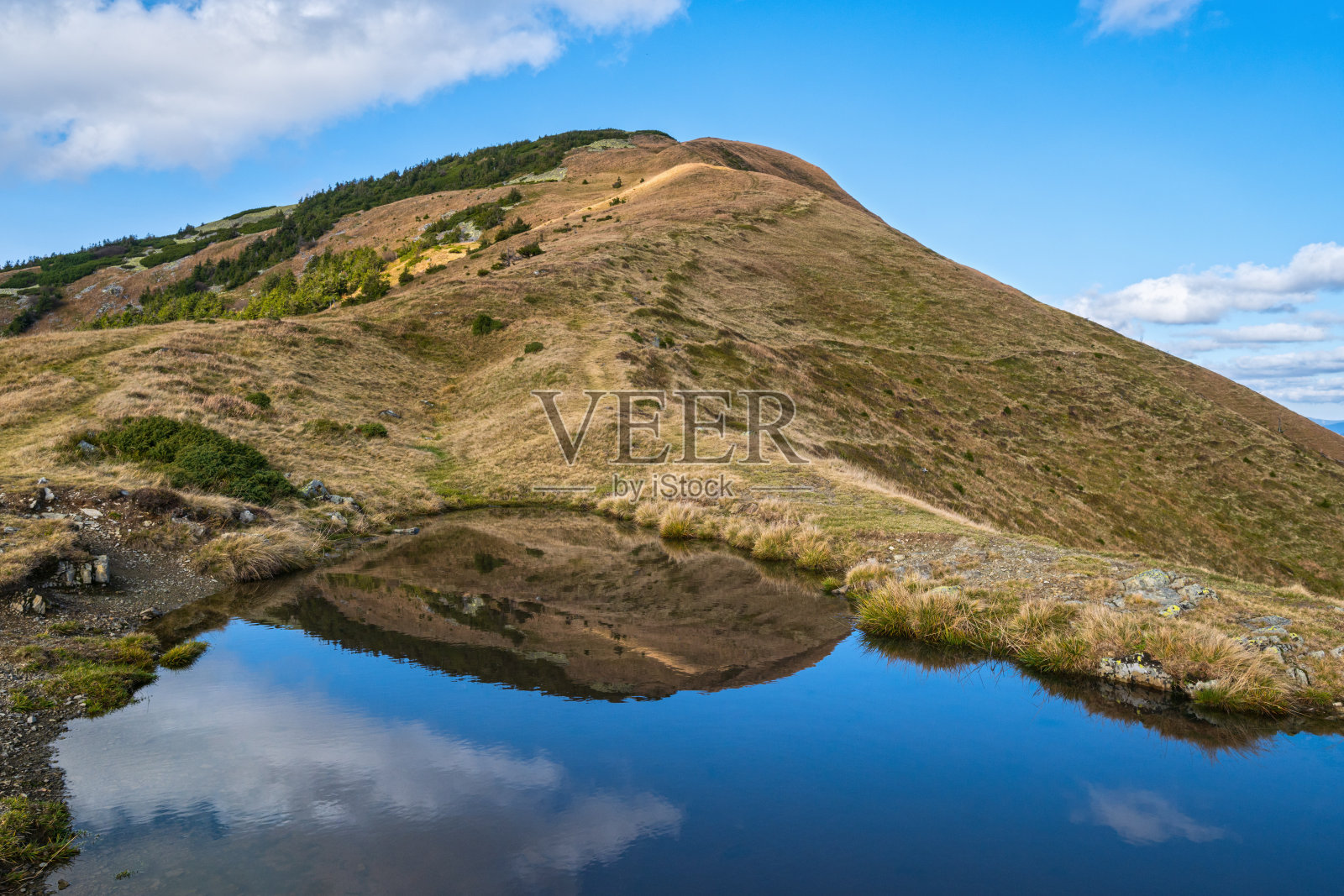 斯特伦巴山如画的小湖，云的倒影。美丽的秋日，喀尔巴阡山脉附近的科洛查瓦村，乌克兰。照片摄影图片