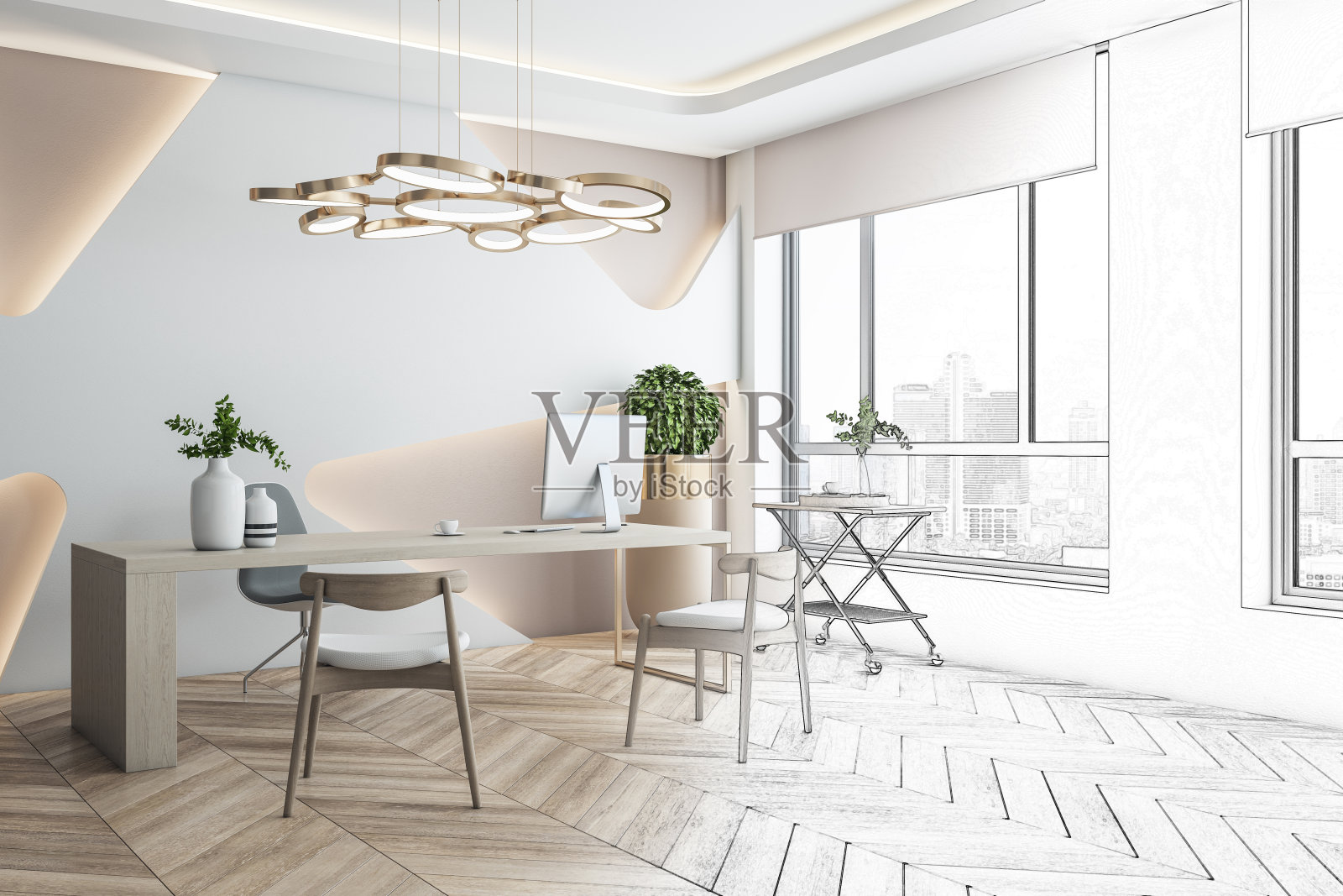 当代办公室室内设计蓝图。修理和翻新概念。3 d渲染。照片摄影图片