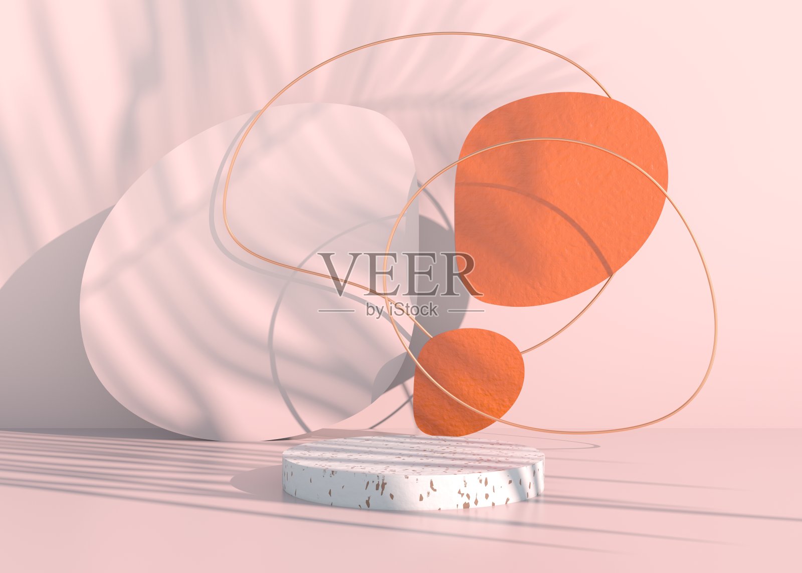 波西米亚领奖台与棕榈叶阴影和柔和的颜色化妆品产品介绍。空橱窗底座背景模拟。3 d渲染。照片摄影图片