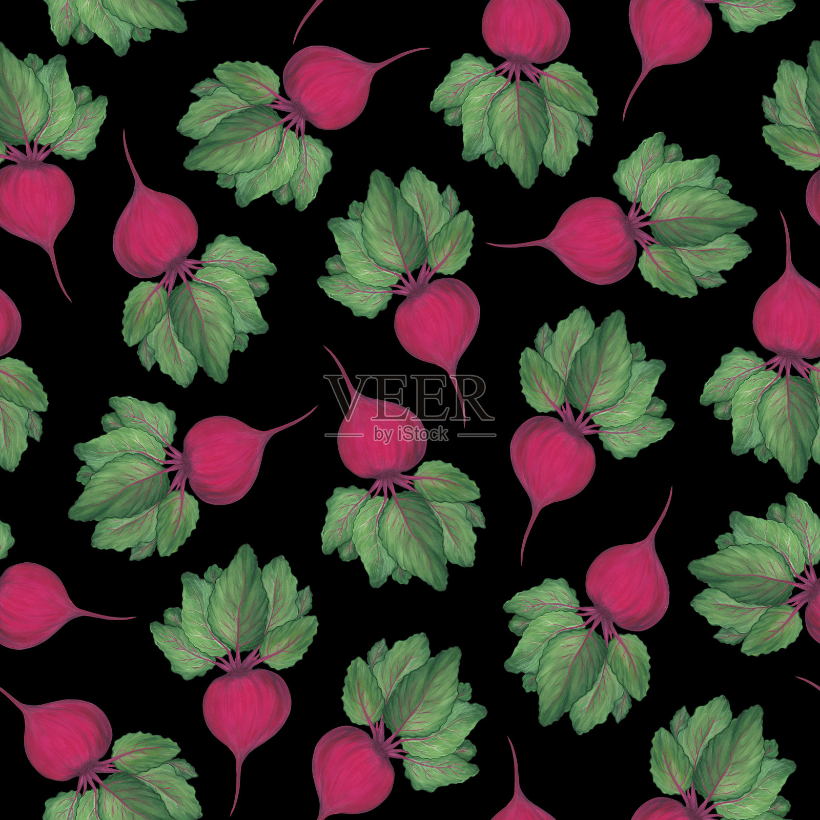 甜菜根和顶部绿色的叶子在黑色的背景。无缝模式。新鲜蔬菜。收成。素食。水彩插图。为纺织、包装。插画图片素材
