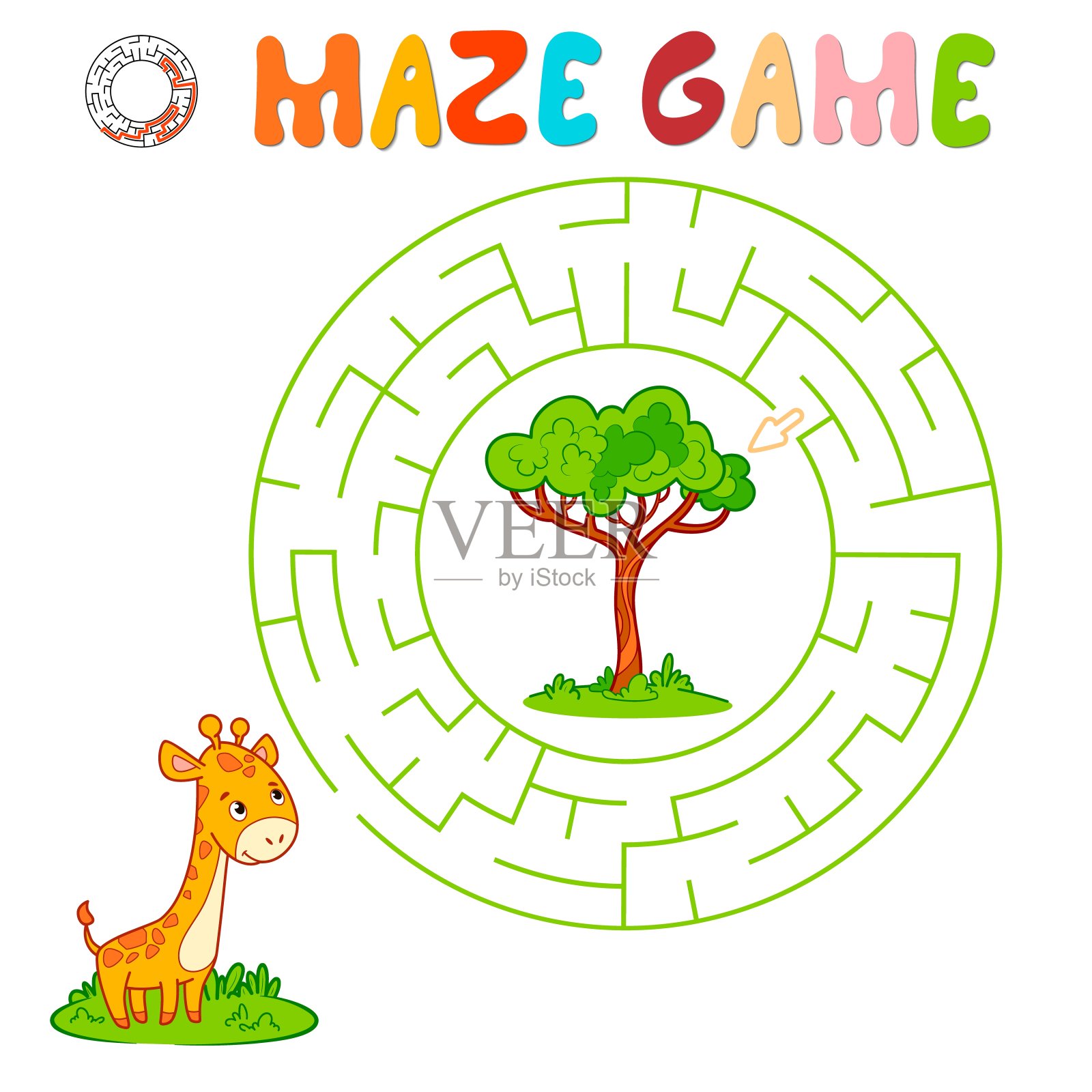 迷宫益智儿童游戏。圈迷宫或迷宫游戏与长颈鹿。矢量插图插画图片素材