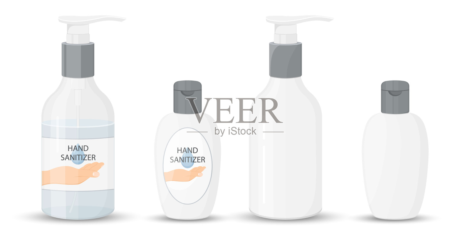 洗手液瓶与泵隔离。用于对抗病毒、细菌、流感、冠状病毒的洗涤酒精凝胶。无水清洁。洗手。矢量插图，平面设计插画图片素材