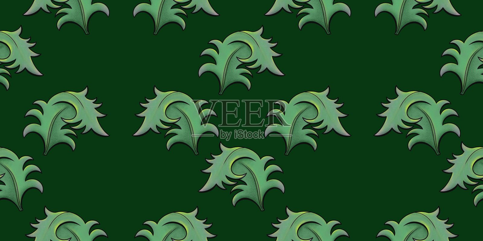 绿色装饰的叶子在深绿色的背景上插画图片素材