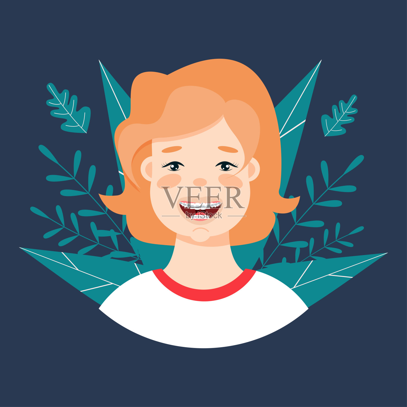 卡通矢量插图的小男孩与支架在他的牙齿"插画图片素材