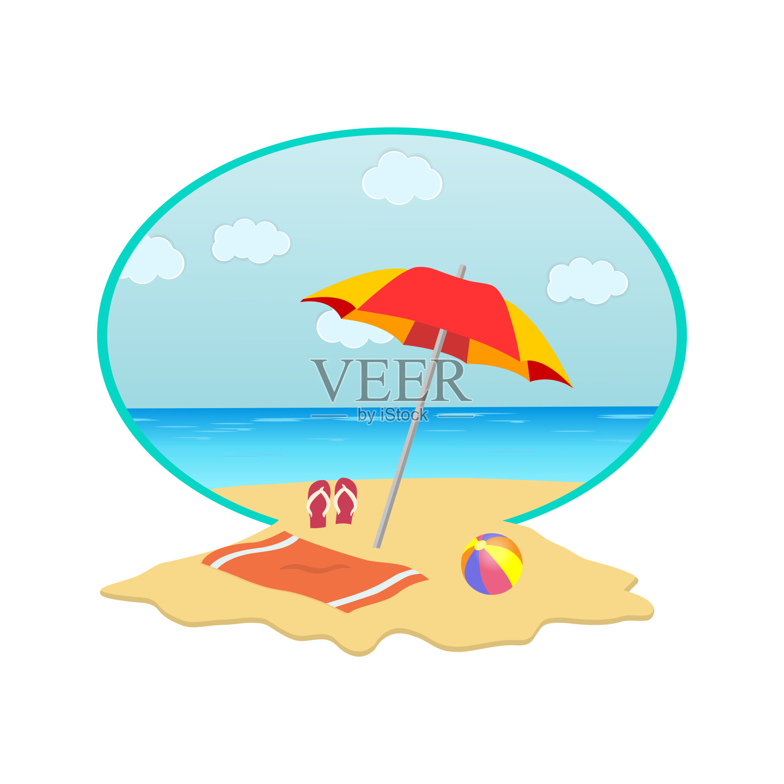 夏季旅行。美丽的风景，暑假。矢量设计。沙滩场景，有伞，沙滩球，人字拖插画图片素材