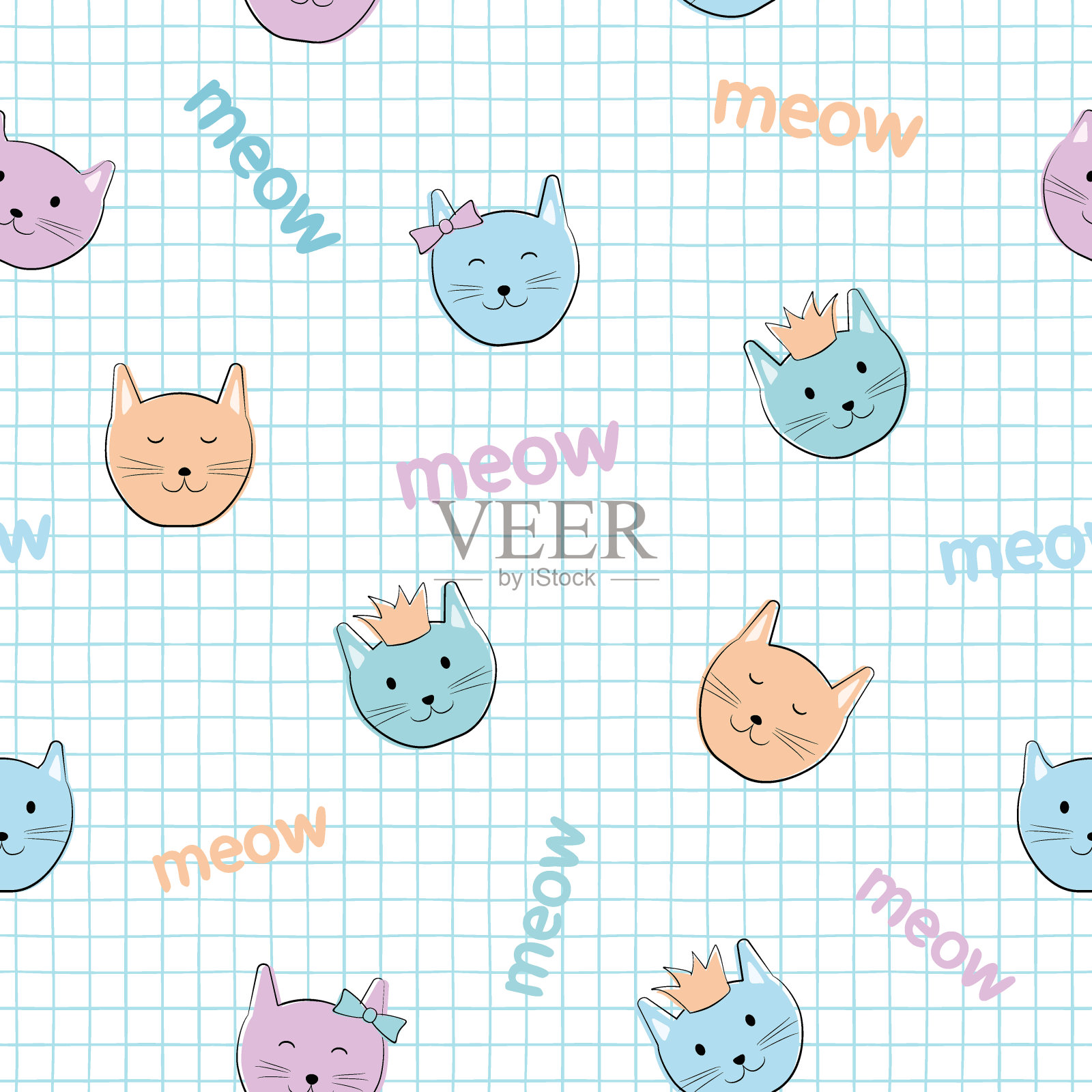 猫无缝模式。儿童卡通人物。可爱的小猫配件:戴着皇冠，带着蝴蝶结。柔和的调色板。白色背景和蓝色单元格。插画图片素材