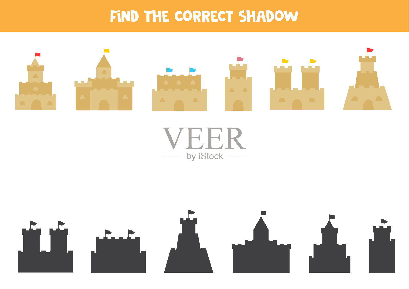 找到夏季沙堡的正确影子。孩子们的逻辑难题。插画图片素材