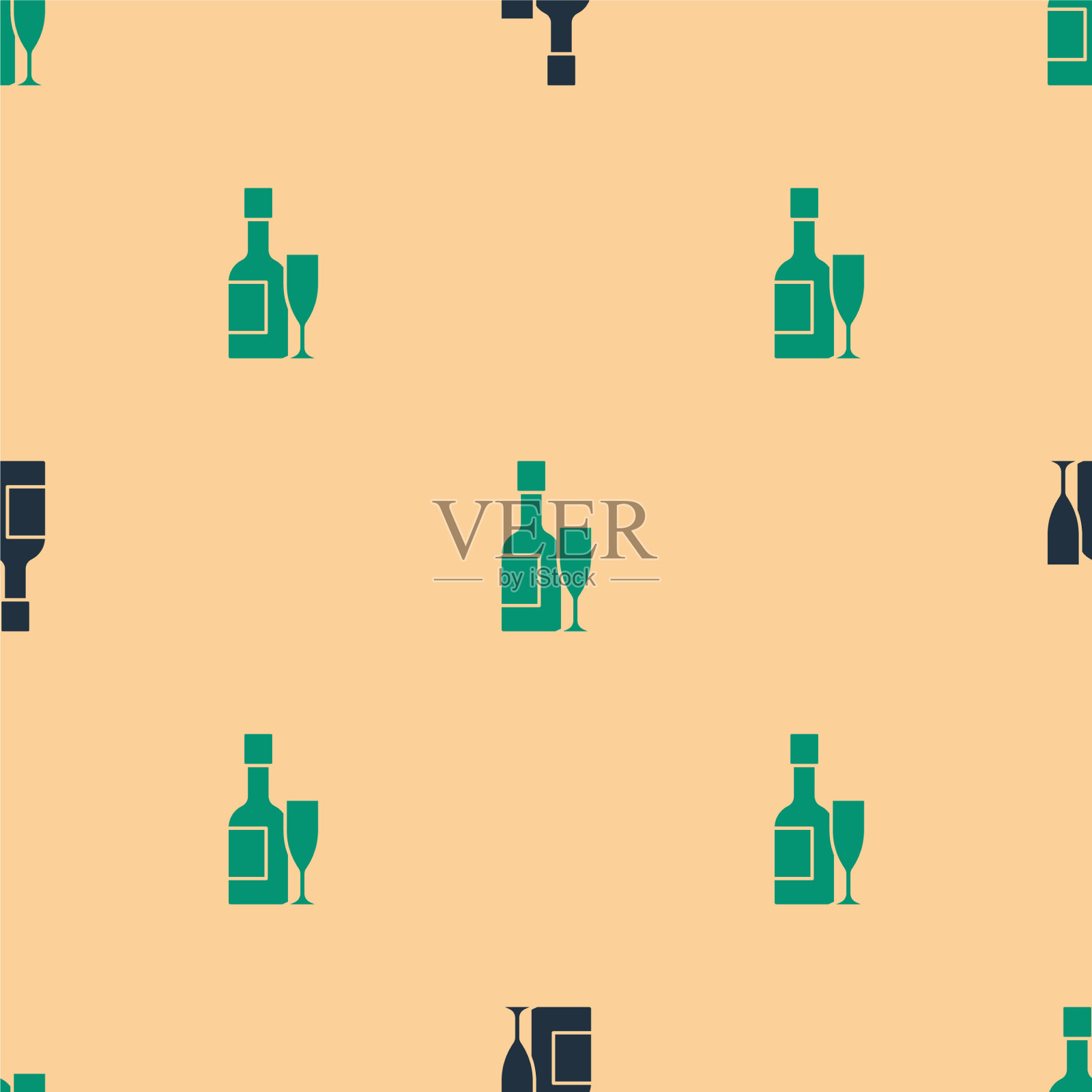 绿色和黑色的香槟酒瓶和玻璃杯插画图片素材