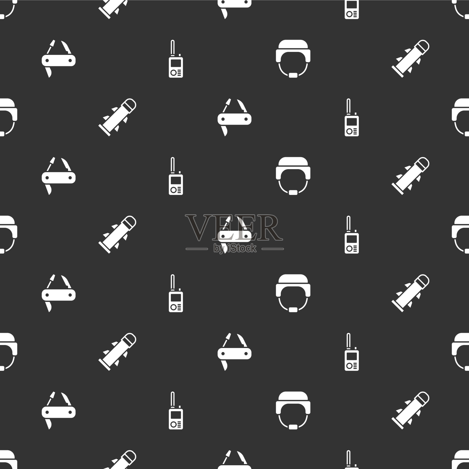 设置军用头盔，火箭，瑞士军刀和图标素材