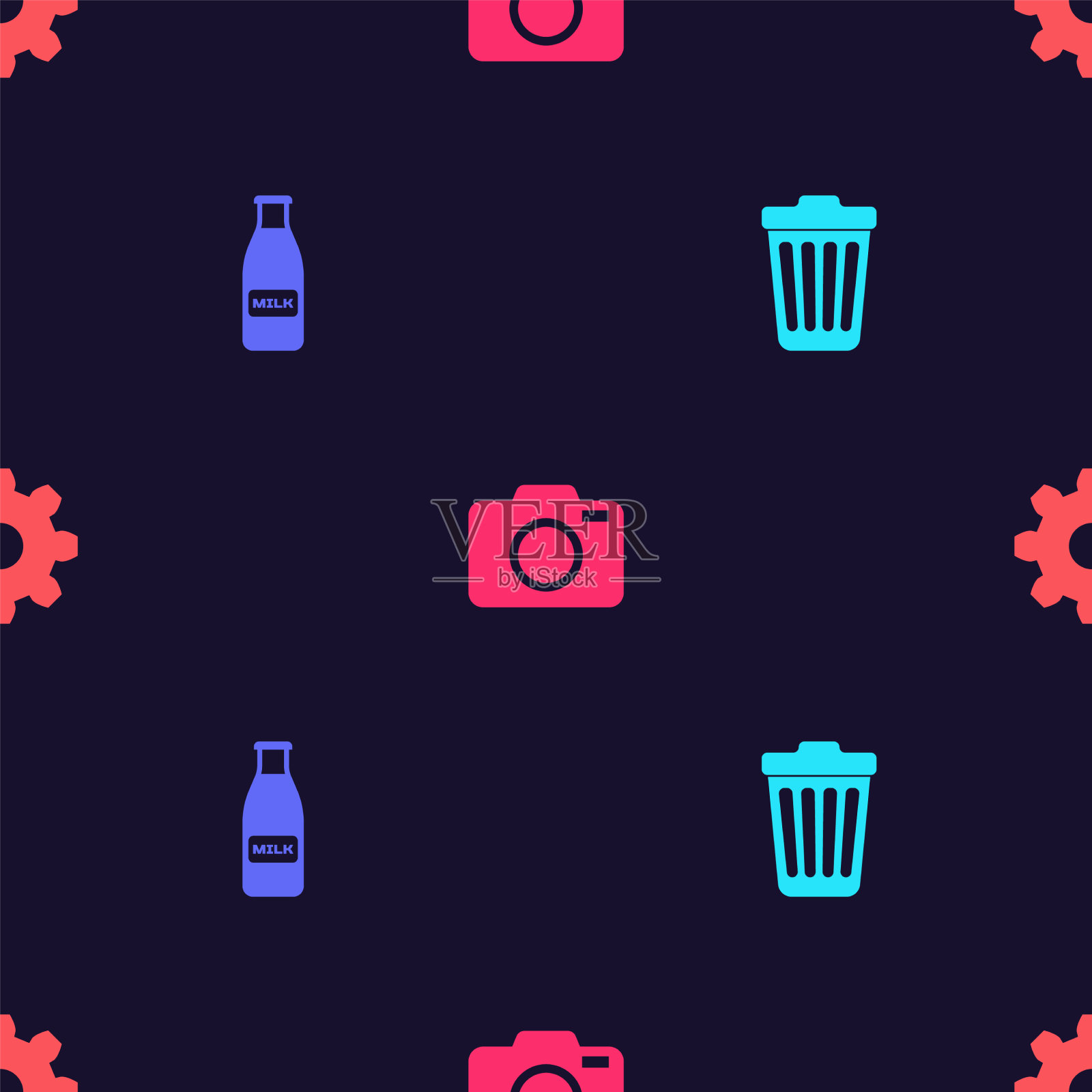 设置垃圾桶、玻璃瓶、牛奶和瓶盖照片图标素材