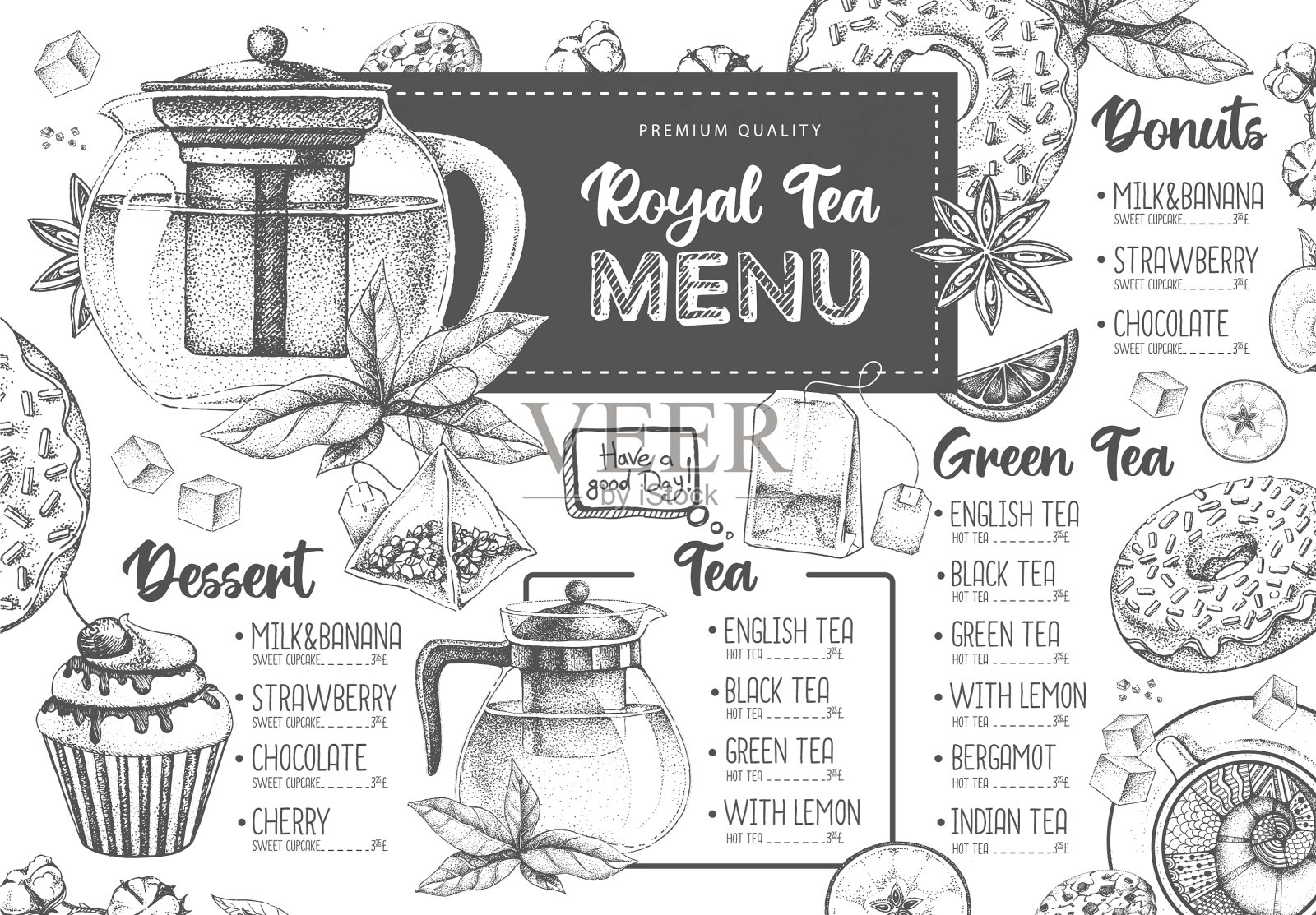 手绘艺术餐厅皇家茶菜单插画图片素材