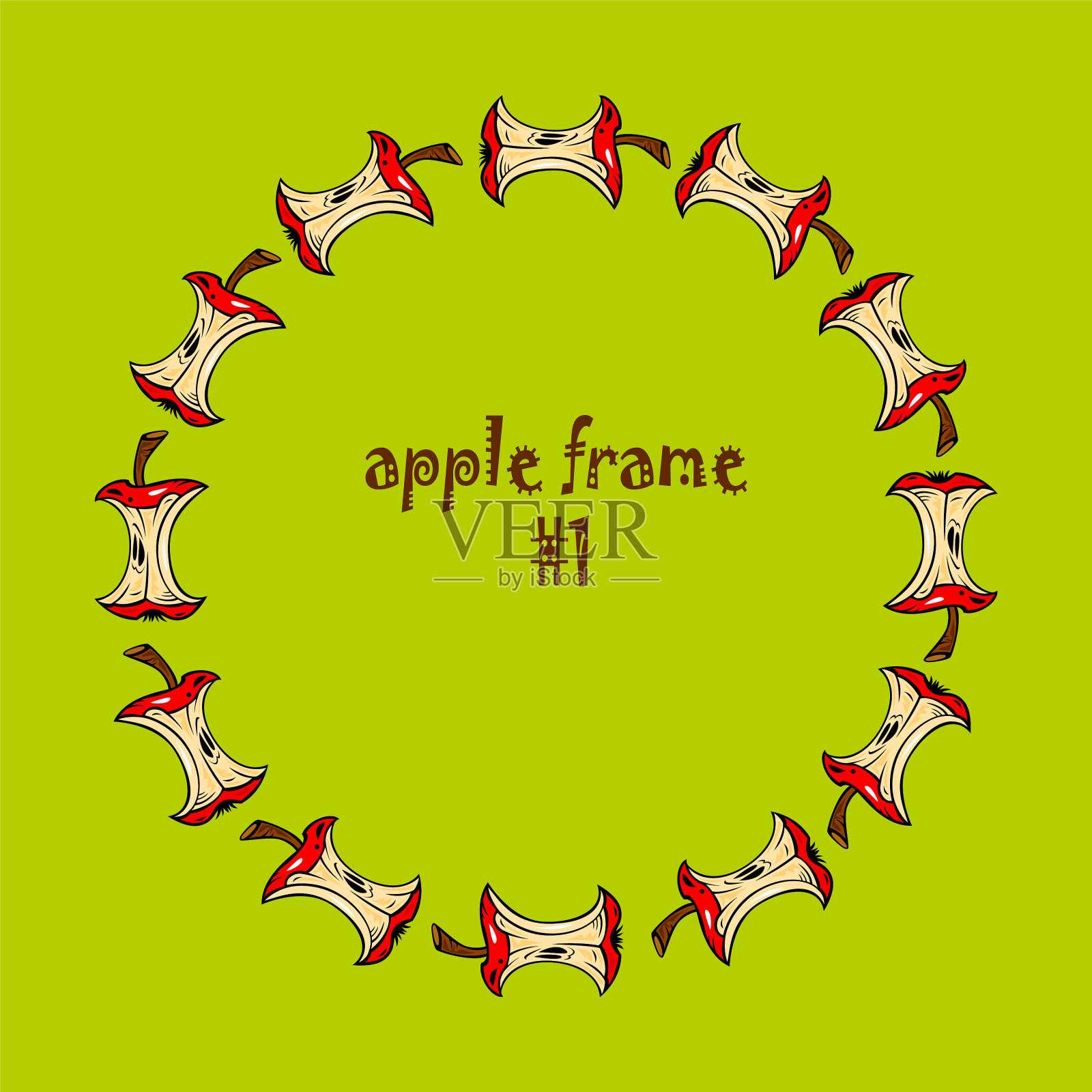 彩色圆圈框架与苹果核在绿色插画图片素材