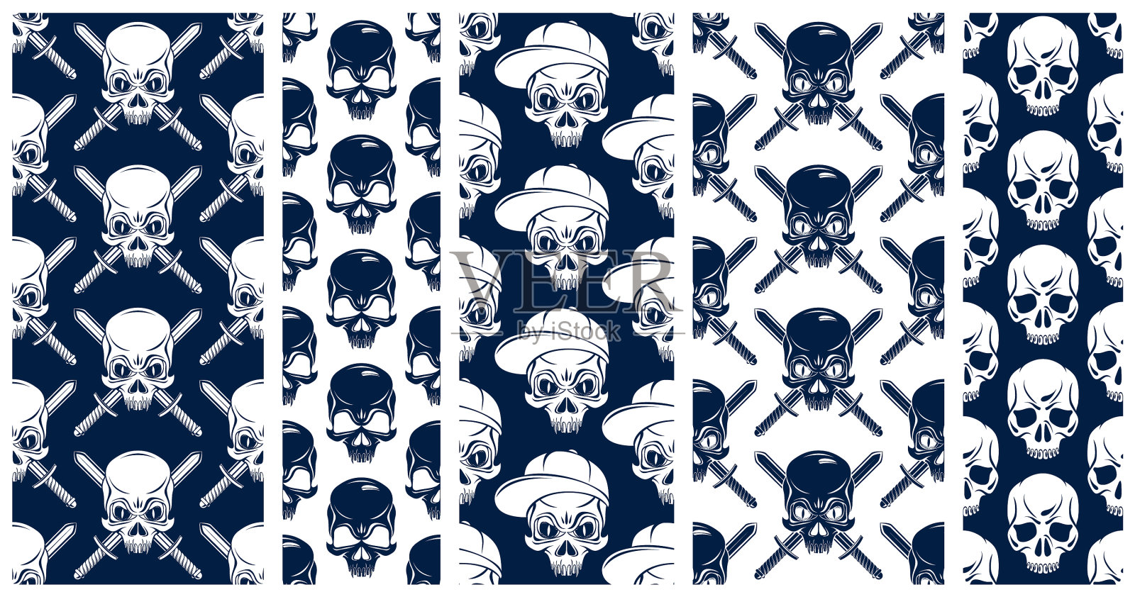 黑色骷髅无缝背景设置无尽插画图片素材
