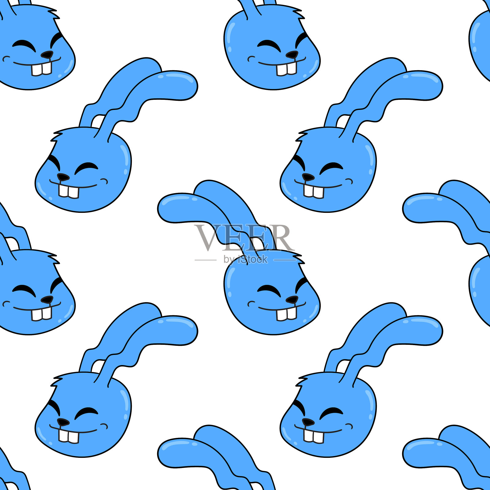 蓝笑兔头无缝花纹纺织品插画图片素材