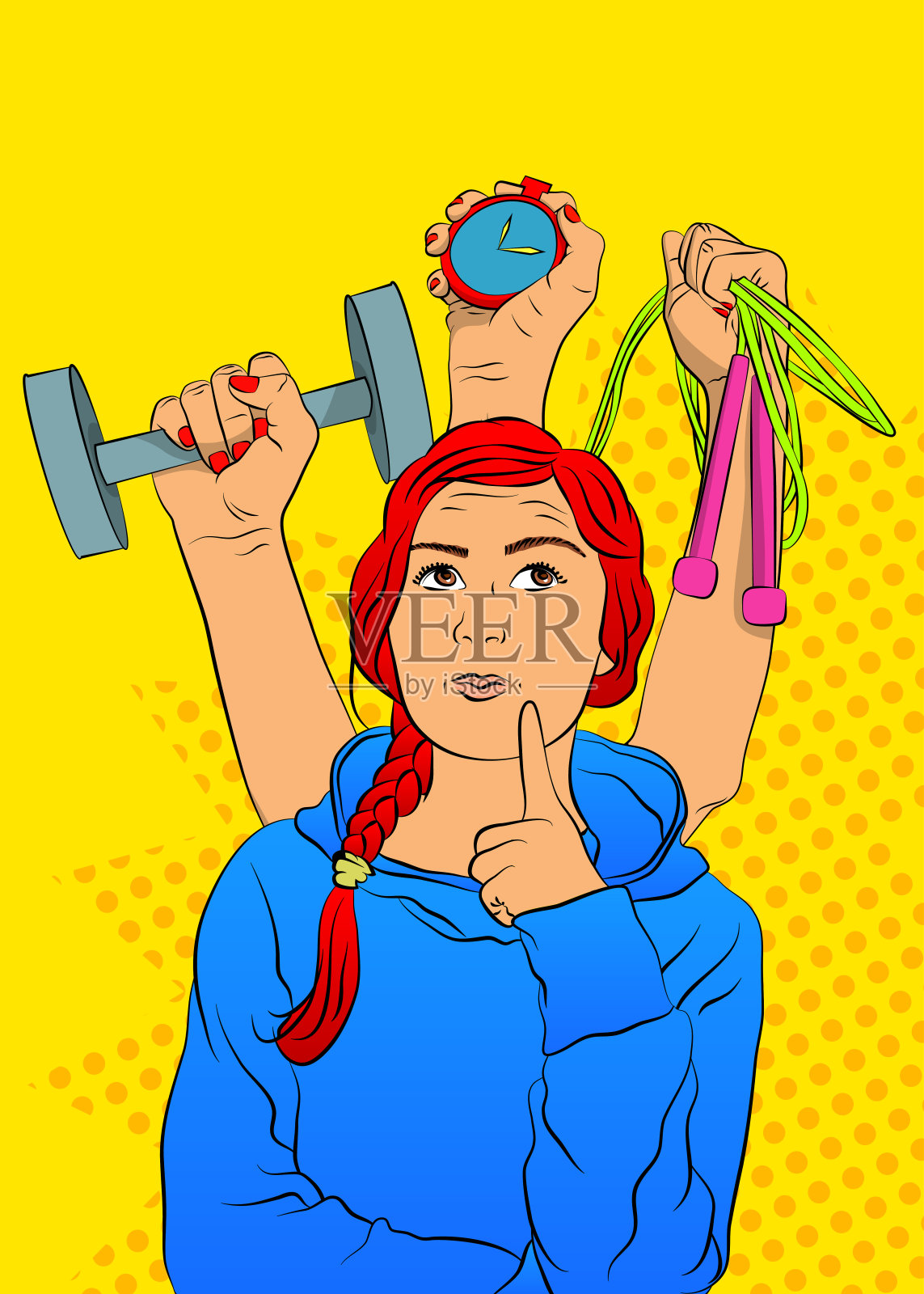 女人思考着，手牵着手锻炼，身后放着运动器材。插画图片素材