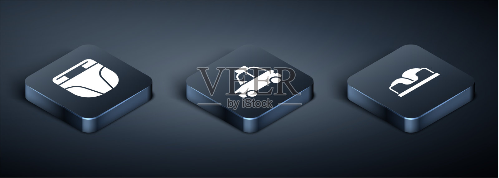 为狗、宠物床和汽车出租车设置等距尿布图标素材