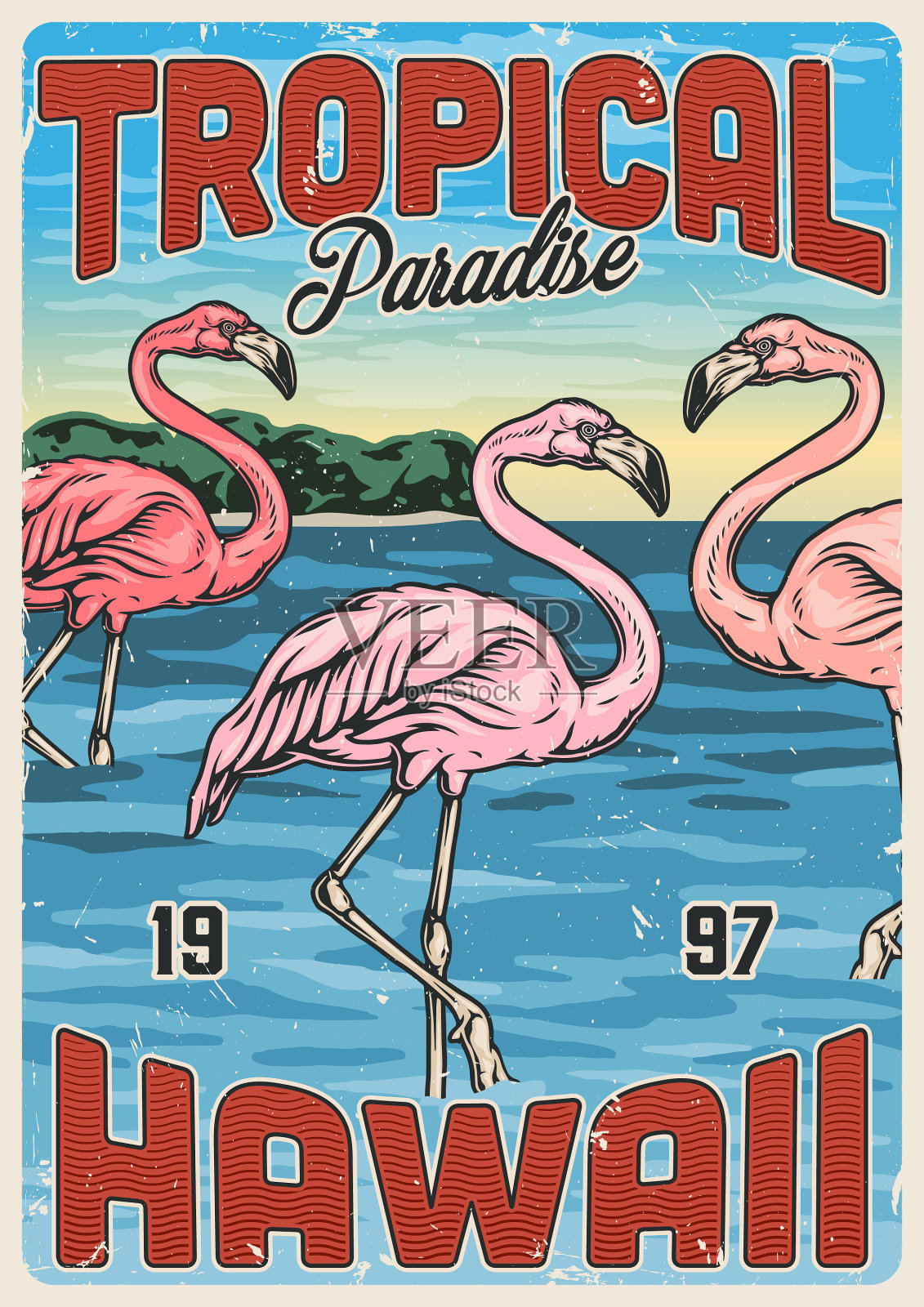 夏威夷异国情调复古彩色海报插画图片素材