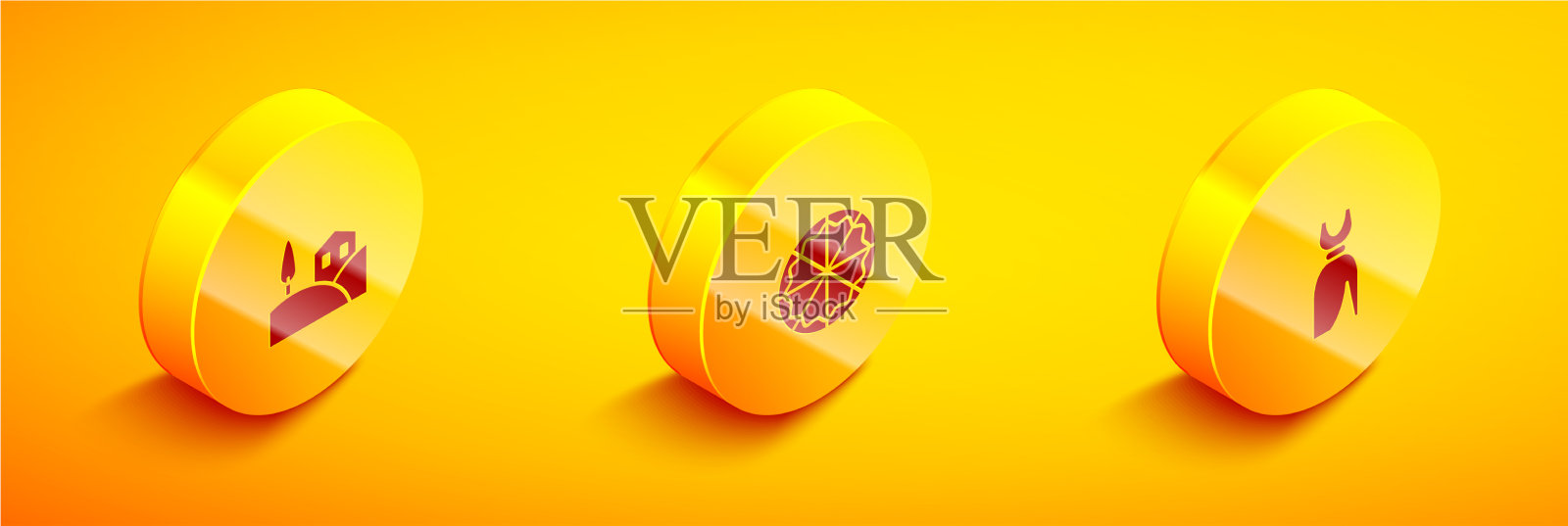 设置等距村景观披萨和女人图标素材