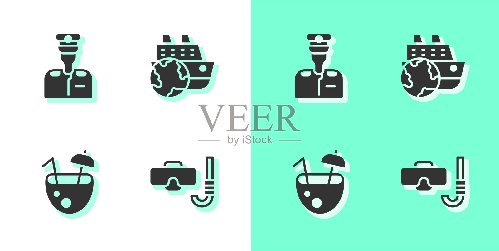 设置潜水面罩和潜水管船长船图标素材