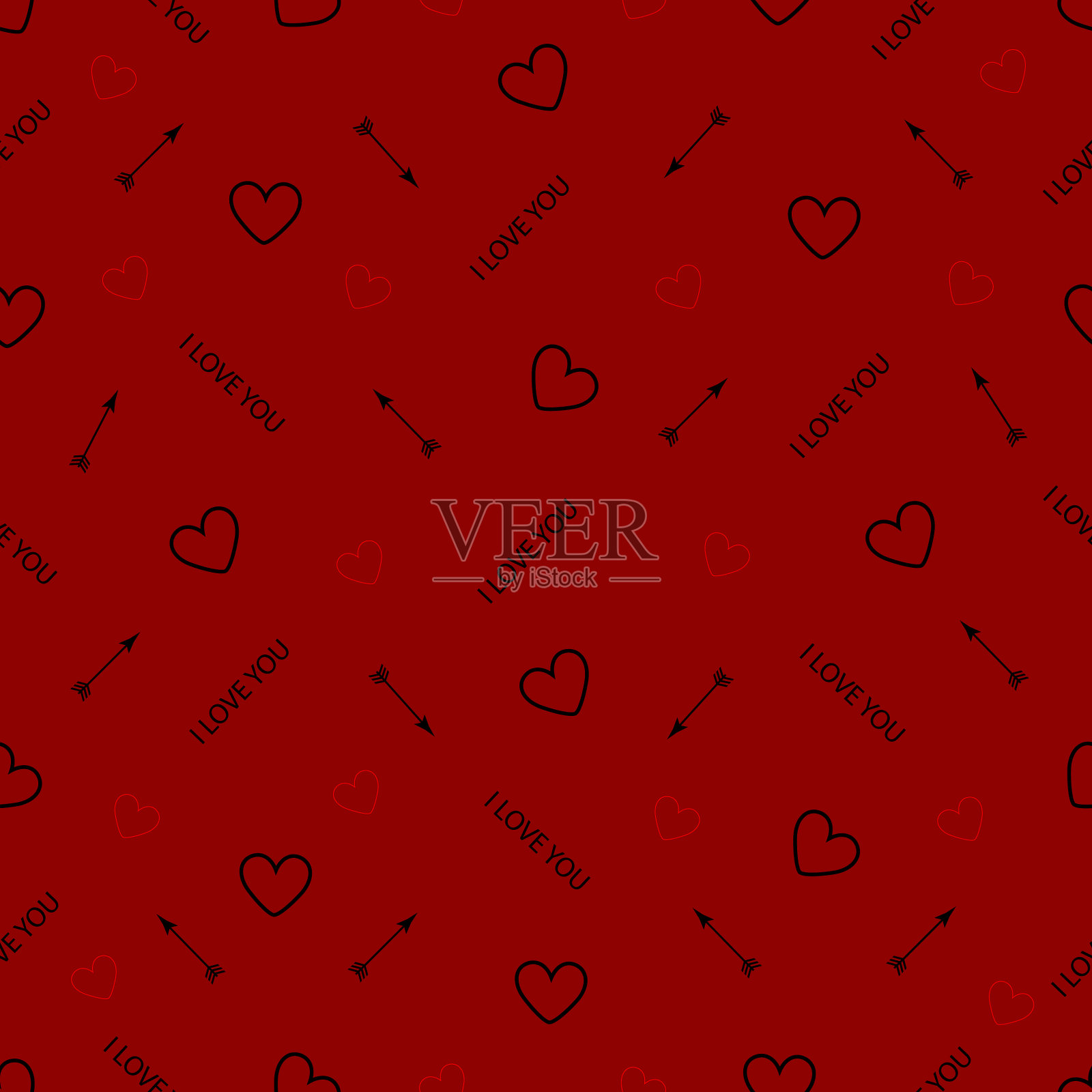 无缝图案上的红色背景心和插画图片素材