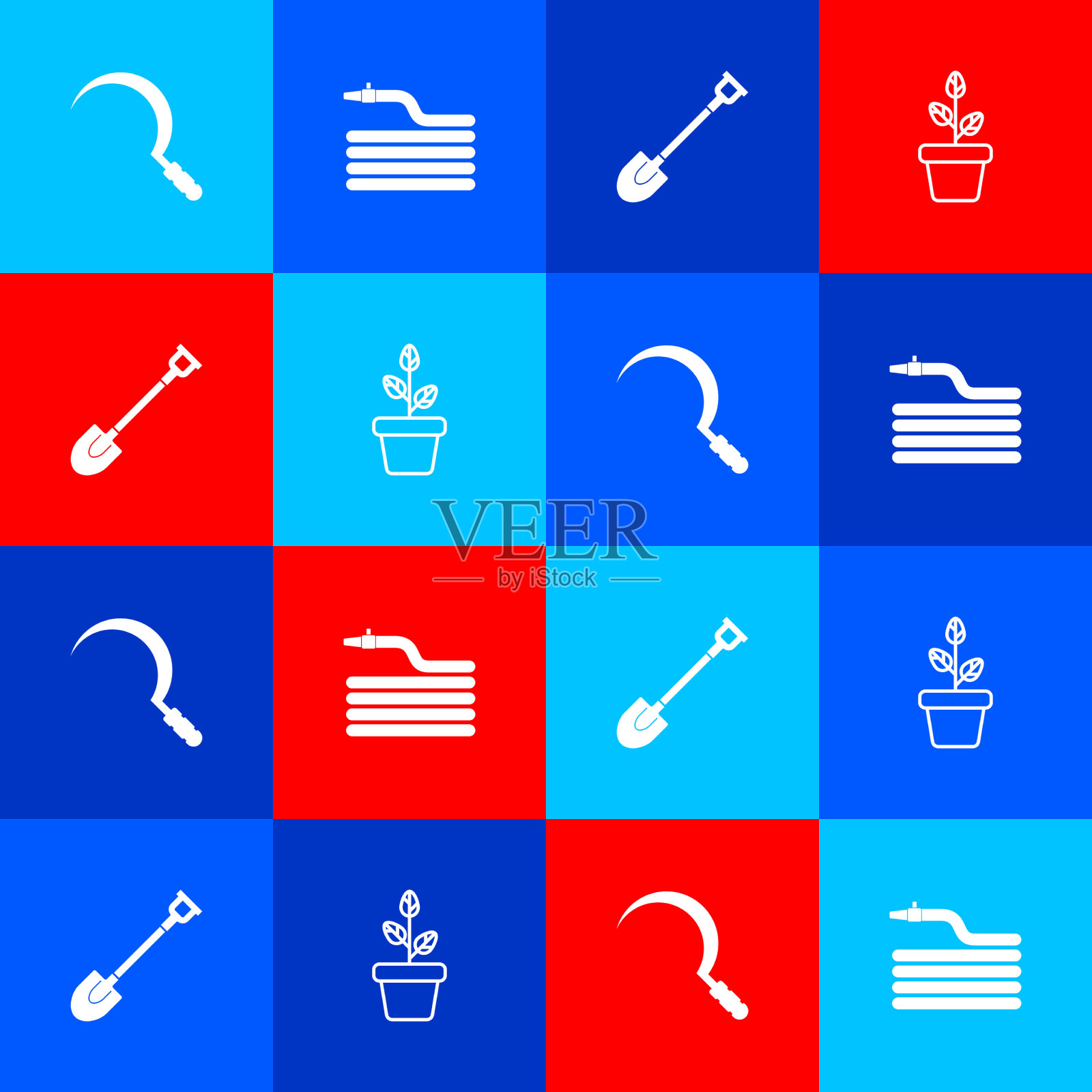 设置镰刀花园软管或消防软管铲和图标素材