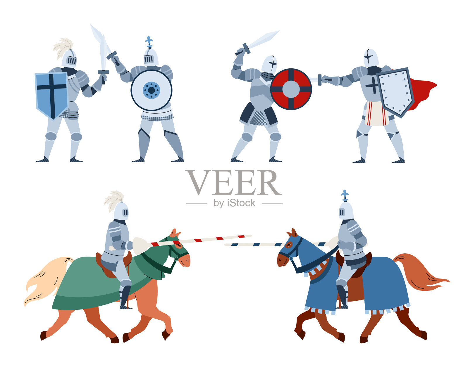 设置中世纪古代骑士在盔甲平坦插画图片素材