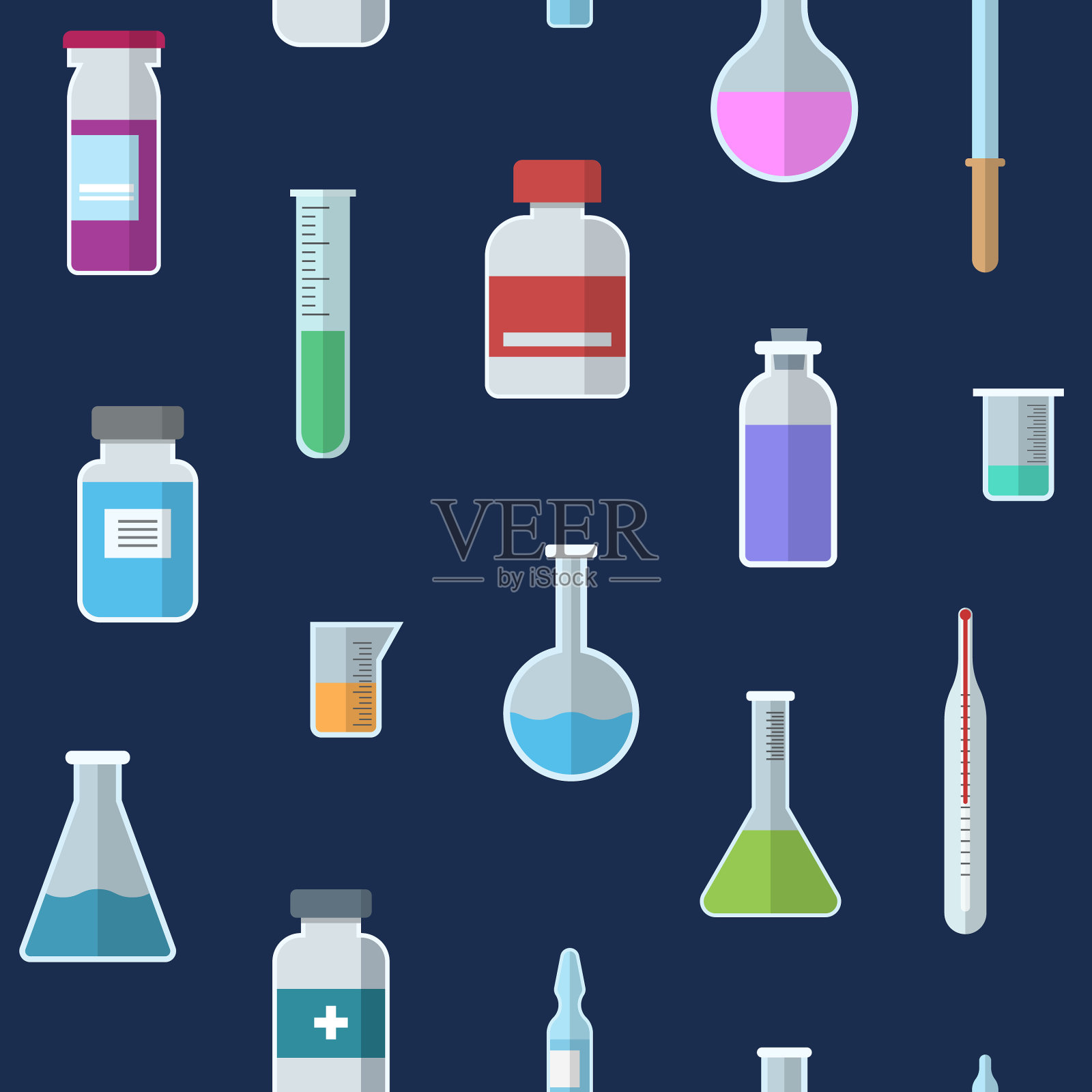 无缝模式与小瓶、试管、移液管插画图片素材
