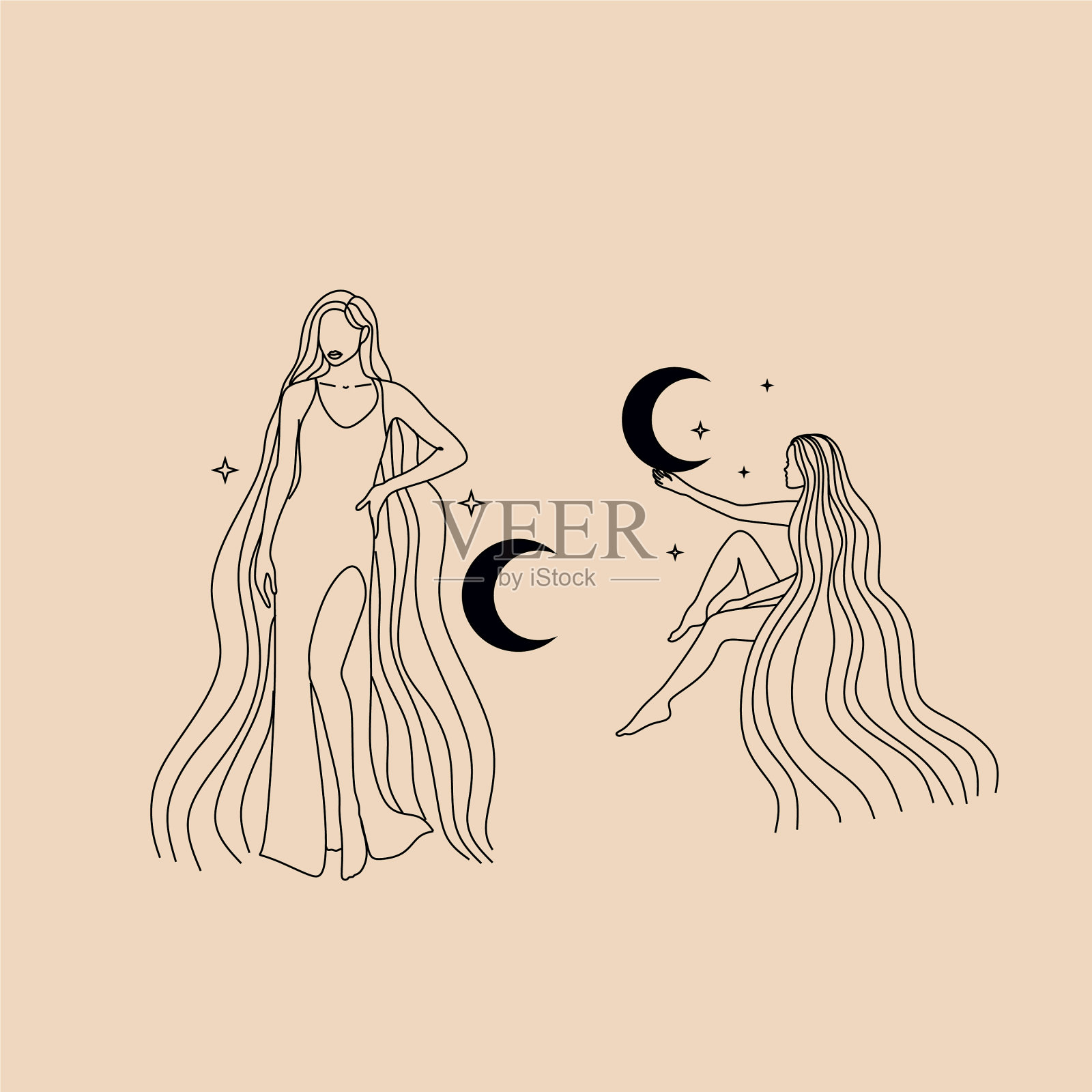 可爱的长发女孩睡在月亮上插画图片素材