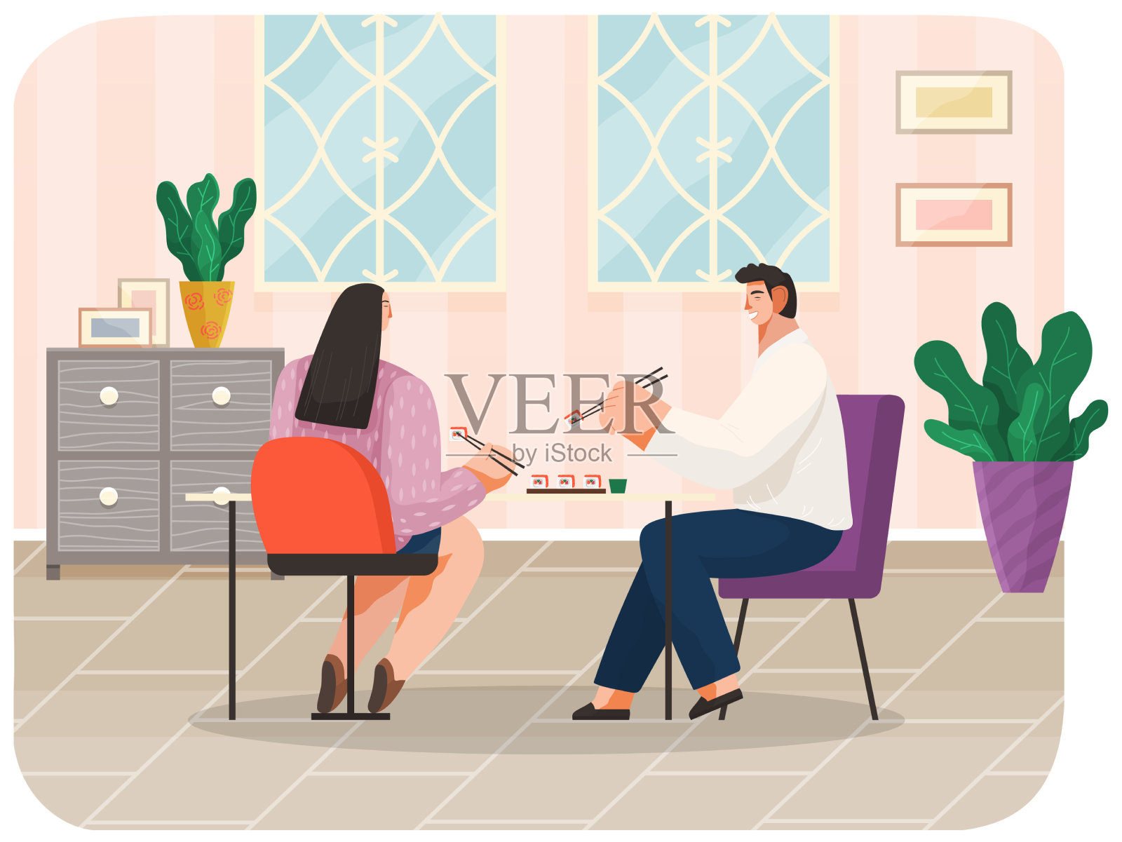 一对年轻夫妇一起在餐馆吃寿司插画图片素材