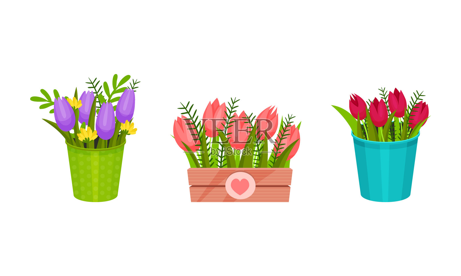 花园花在不同的容器和花式插画图片素材