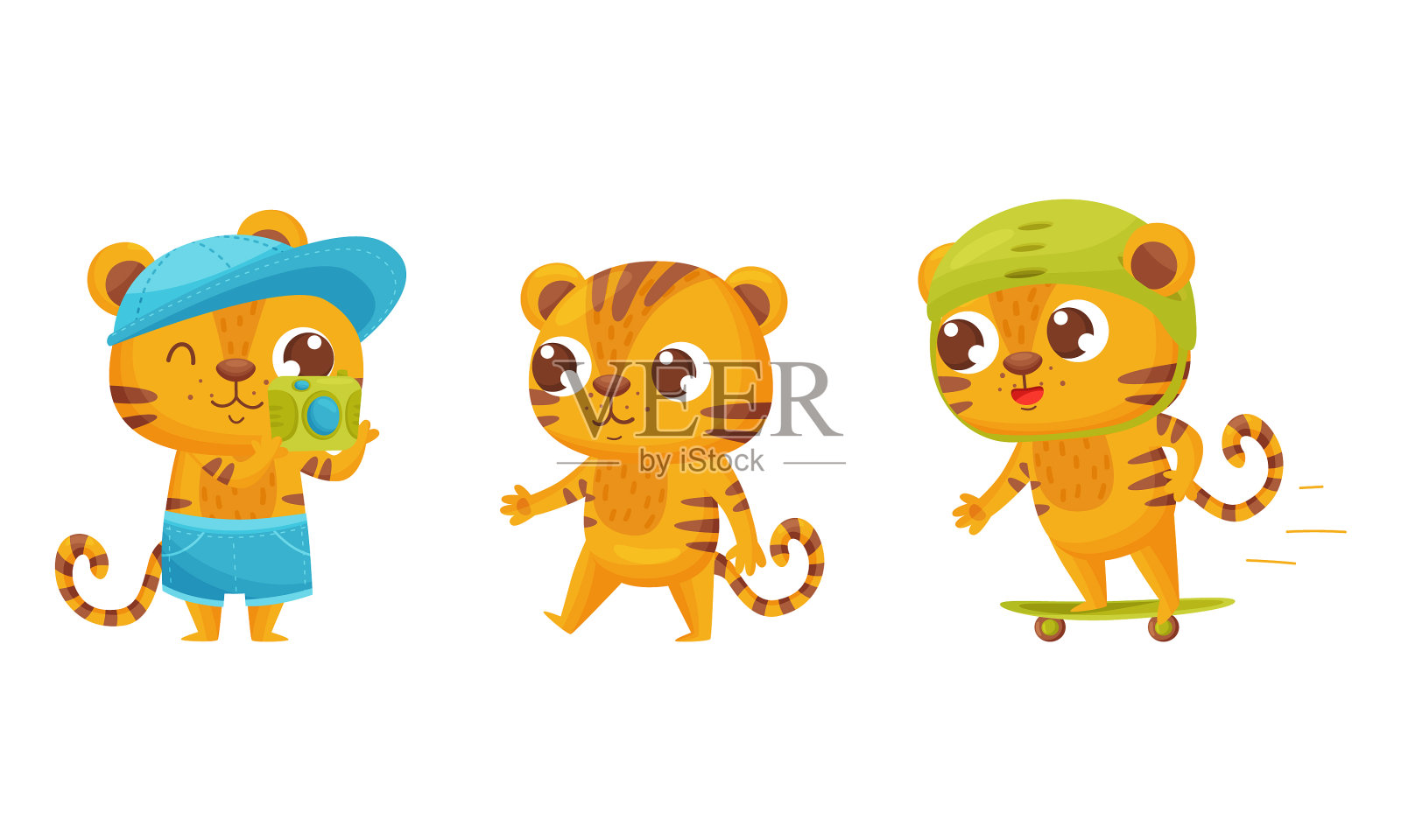 可爱的条纹老虎滑板和带走设计元素图片