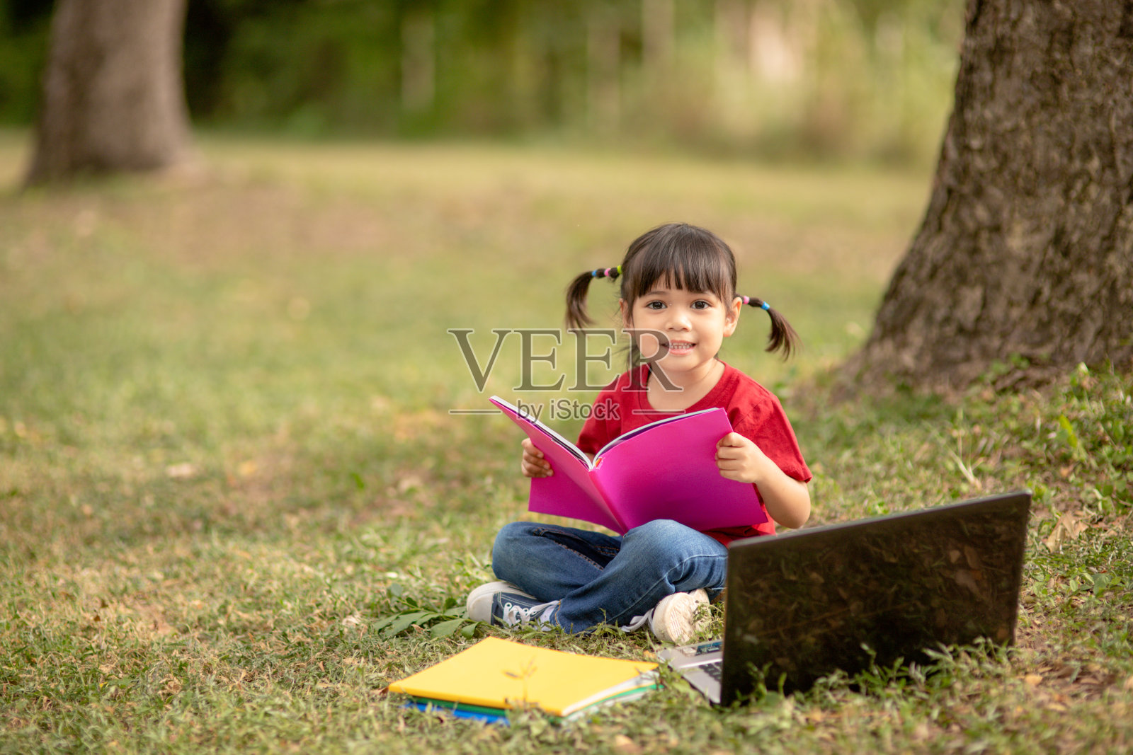 可爱的小女孩在草地上看书照片摄影图片